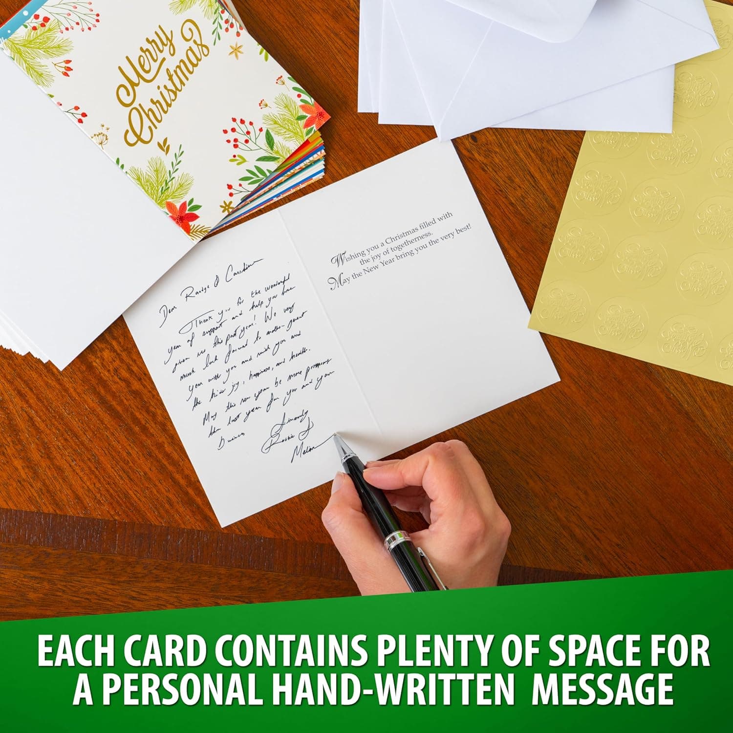 24 Pack Christmas Cards with Envelopes and Stickers, 24 Festive Designs Gold Foil Glitter Christmas Card Set, 6 x 4 In with Printed Greeting Messages Inside, for Friends, Family, and Kids - Image 5
