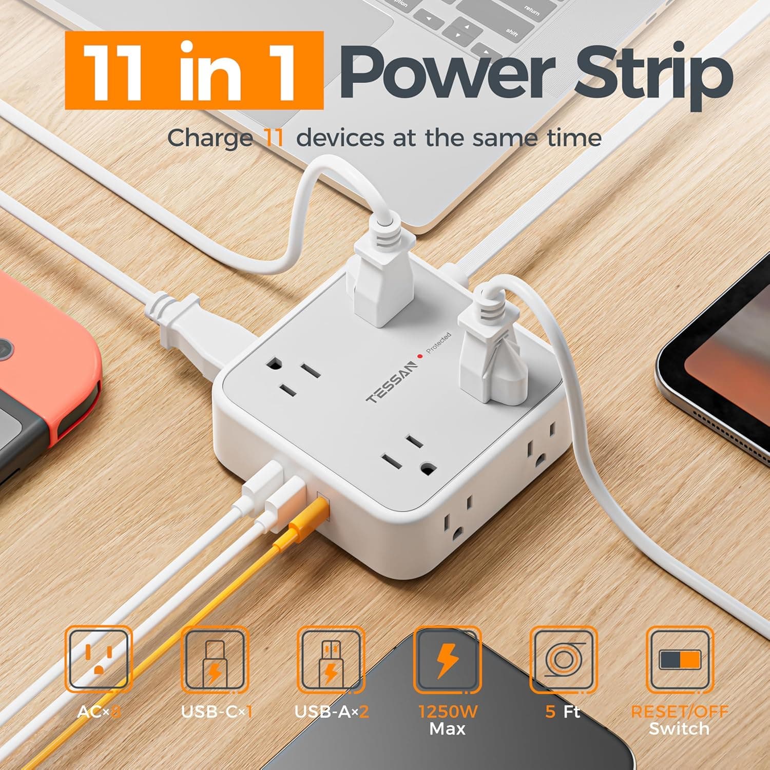 TESSAN Surge Protector Power Strip, 5 Ft Flat Plug Extension Cord with 3 USB (1 USB C) 8 Outlets, 1250W, 900J Protection, 3 Sided Outlet Extender with Power Switch for Office, Dorm Room Essentials 5 Feet Grey - Image 3