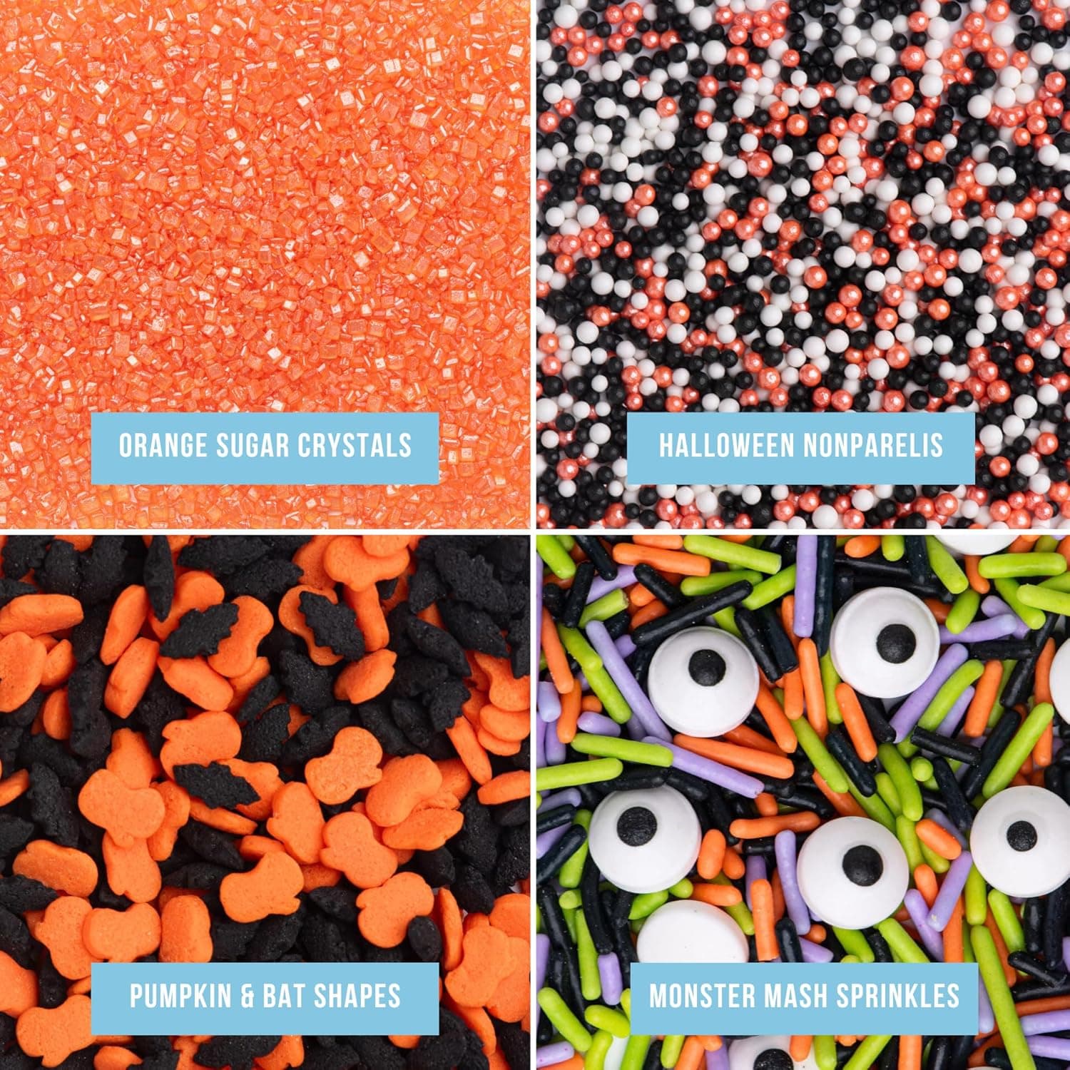 Sweets Indeed Halloween Sprinkles 4-Pack – 11.57 oz Jar Set | Candy Eyeball Mix, Bat & Pumpkin Quin Mix, Orange Sanding Sugar & Black/White/Orange Nonpareils | Cupcake & Cookie Decorations - Image 3
