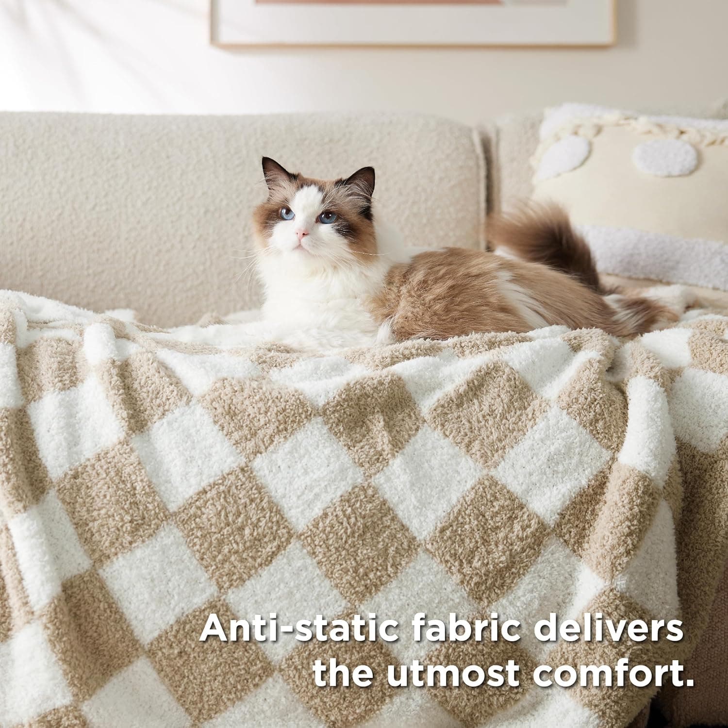 Bedsure Throw Blanket for Couch Bed Sofa - Super Soft, Beige, Checkered Throw Blanket, GentleSoft, Fluffy, Cozy, Santa Gifts for Women, 50x60 Inches 01 - Checkered Beige Throw (50" x 60") - Image 5