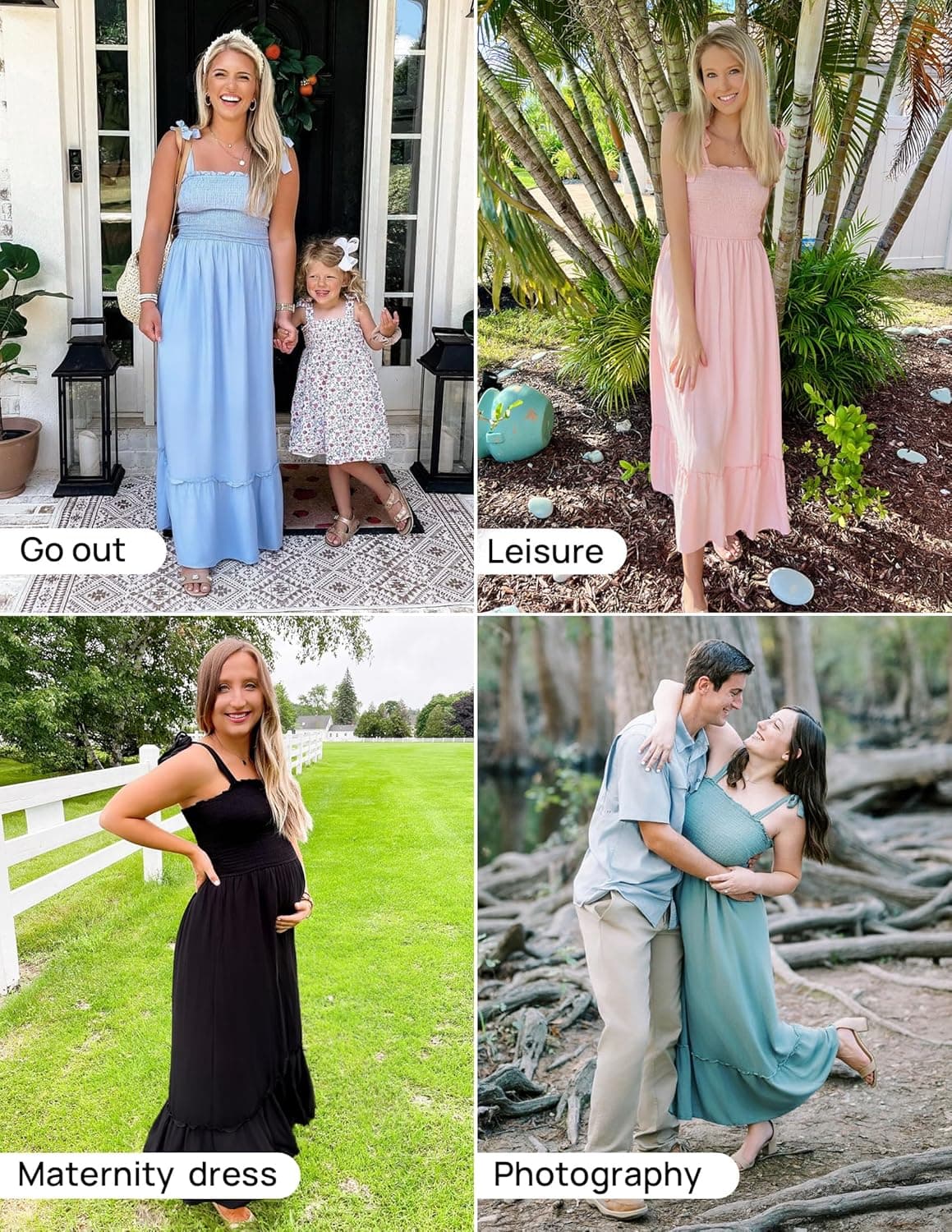 ZESICA Women's 2025 Summer Boho Spaghetti Strap Square Neck Solid Color Ruffle A Line Beach Long Maxi Dress X-Large Blue - Image 6