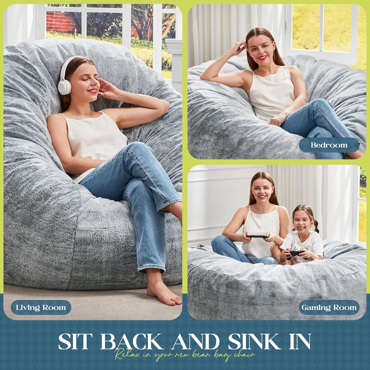 Hobestluk Bean Bag Chairs Giant Beanbag Chair with Filler, Memory Foam Bean Bags with Fluffy & Machine Washable Cover, Bean Bag Chairs for Aduts for Living Room, Bedroom (Grey, 5FT - 50” x 50” x 24”) Grey 5FT - 50” x 50” x 24” - Image 6