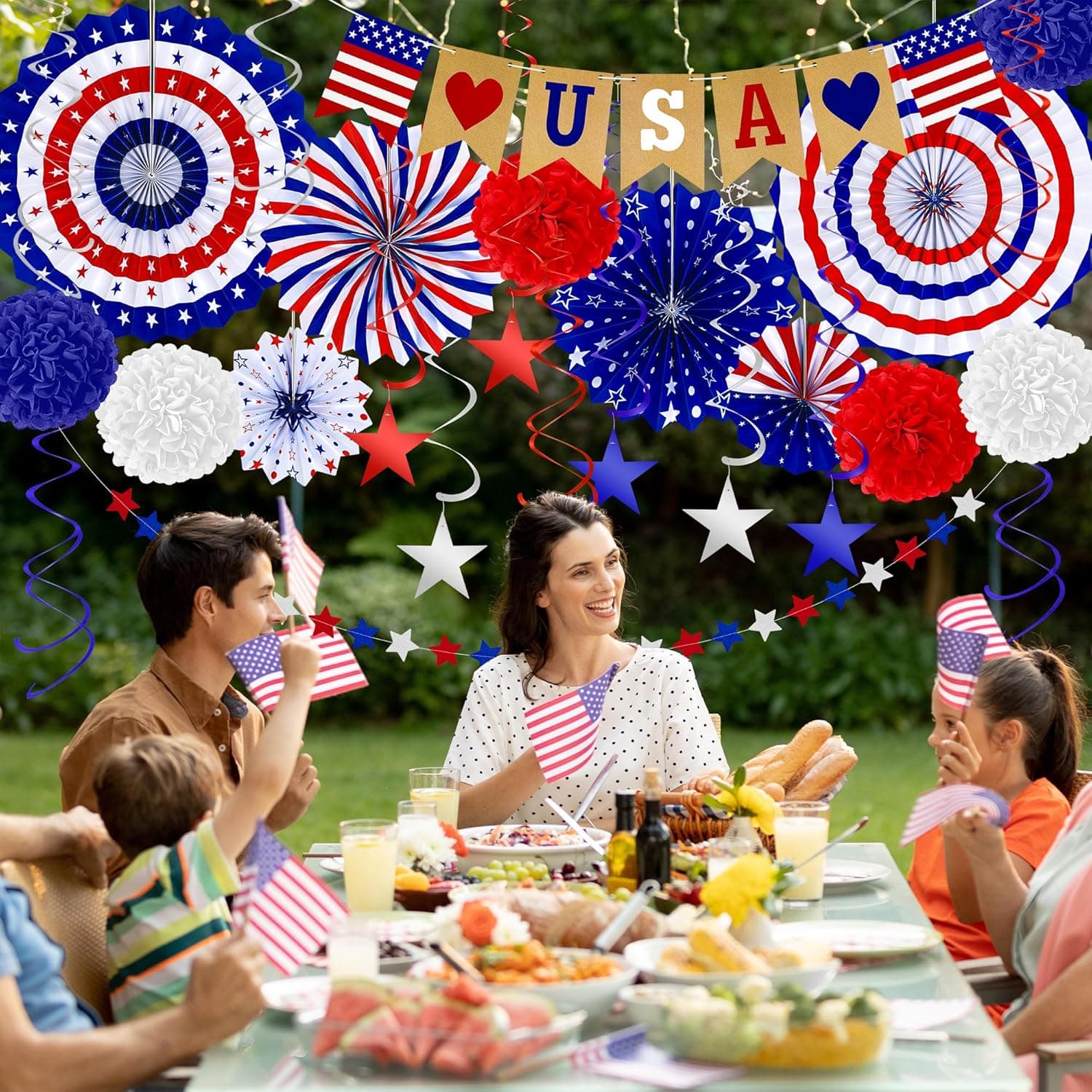26 PCS 4th of July Decorations, Red White Blue Paper Fans in Patriotic Designs, 4th of July Banner Pompom Star Garland and Hanging Swirls Set for Fourth of July Independence Day Party Supplies Decor - Image 6