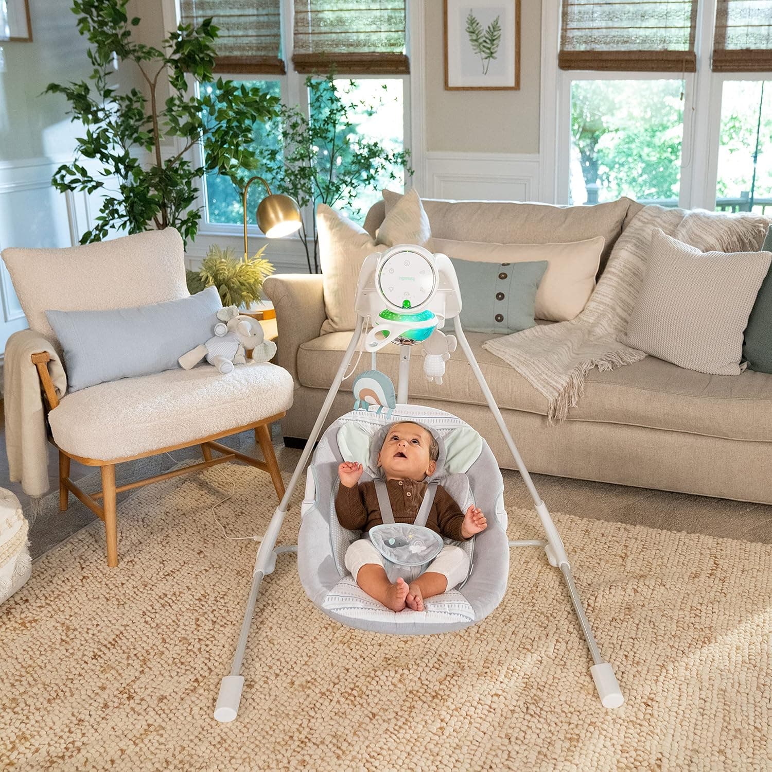Ingenuity InLighten 5-Speed Baby Swing - Swivel Infant Seat, 5 Point Safety Harness, Nature Sounds, Lights - Van Elephant Van The Elephant - Image 10