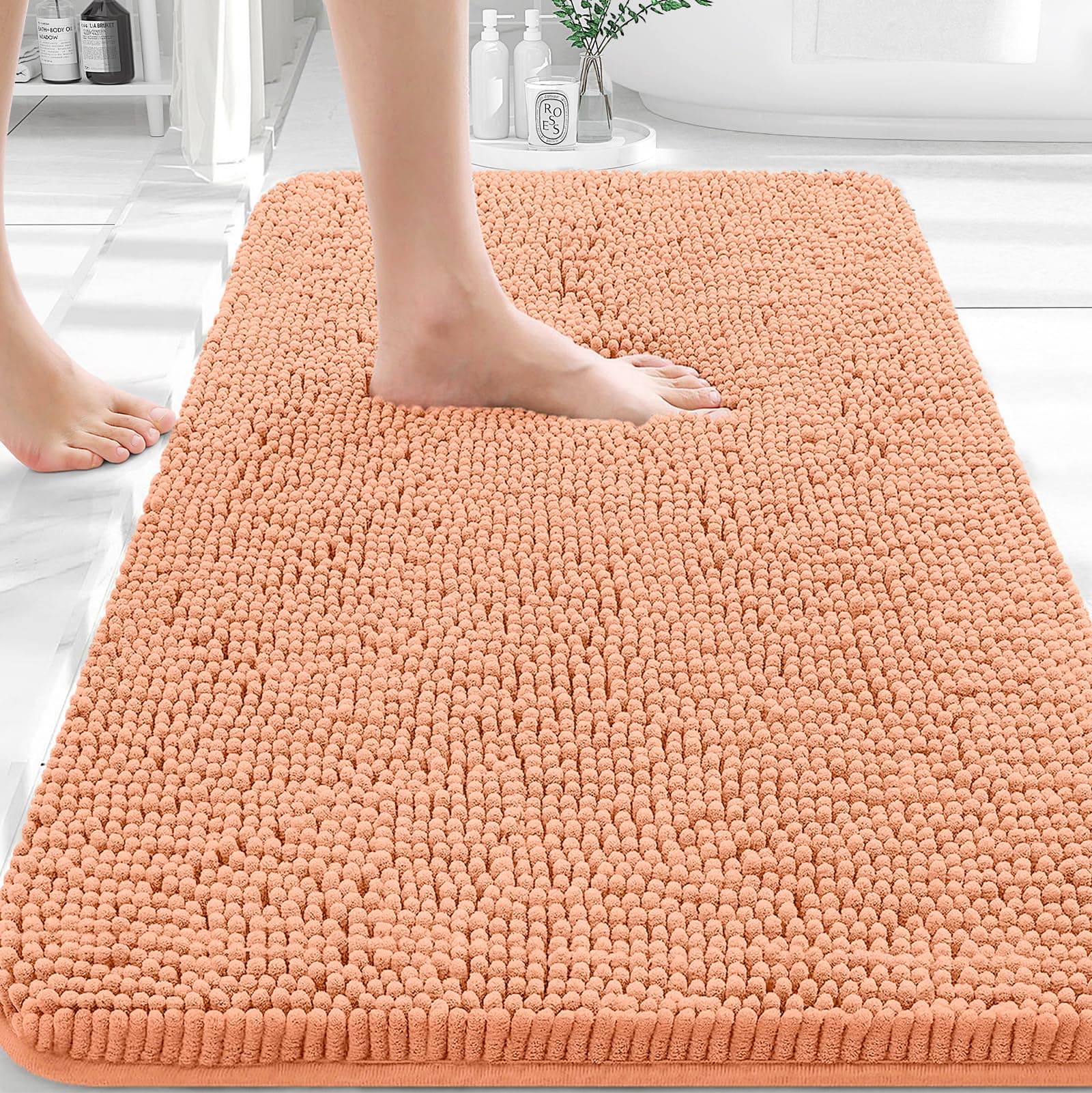 OLANLY Bathroom Rugs 30x20, Extra Soft Absorbent Chenille Bath Rugs, Rubber Backing Quick Dry, Machine Washable Bath Mats for Bathroom Floor, Tub and Shower, Home Decor Accessories, Peach 30" x 20" Peach