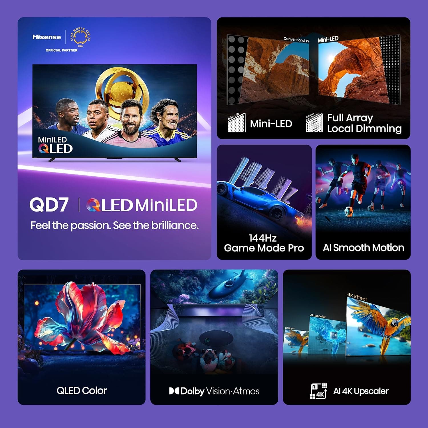 Hisense 85" Class QD7 Series Mini-LED 4K UHD Smart Fire TV (85QD7QF, 2025 Model) - QLED, Native 144hz, HDR10+, Dolby Vision, Dolby Atmos, Game Mode Pro, ALLM, Alexa Built in with Voice Remote, MEMC 85-Inch - Image 4