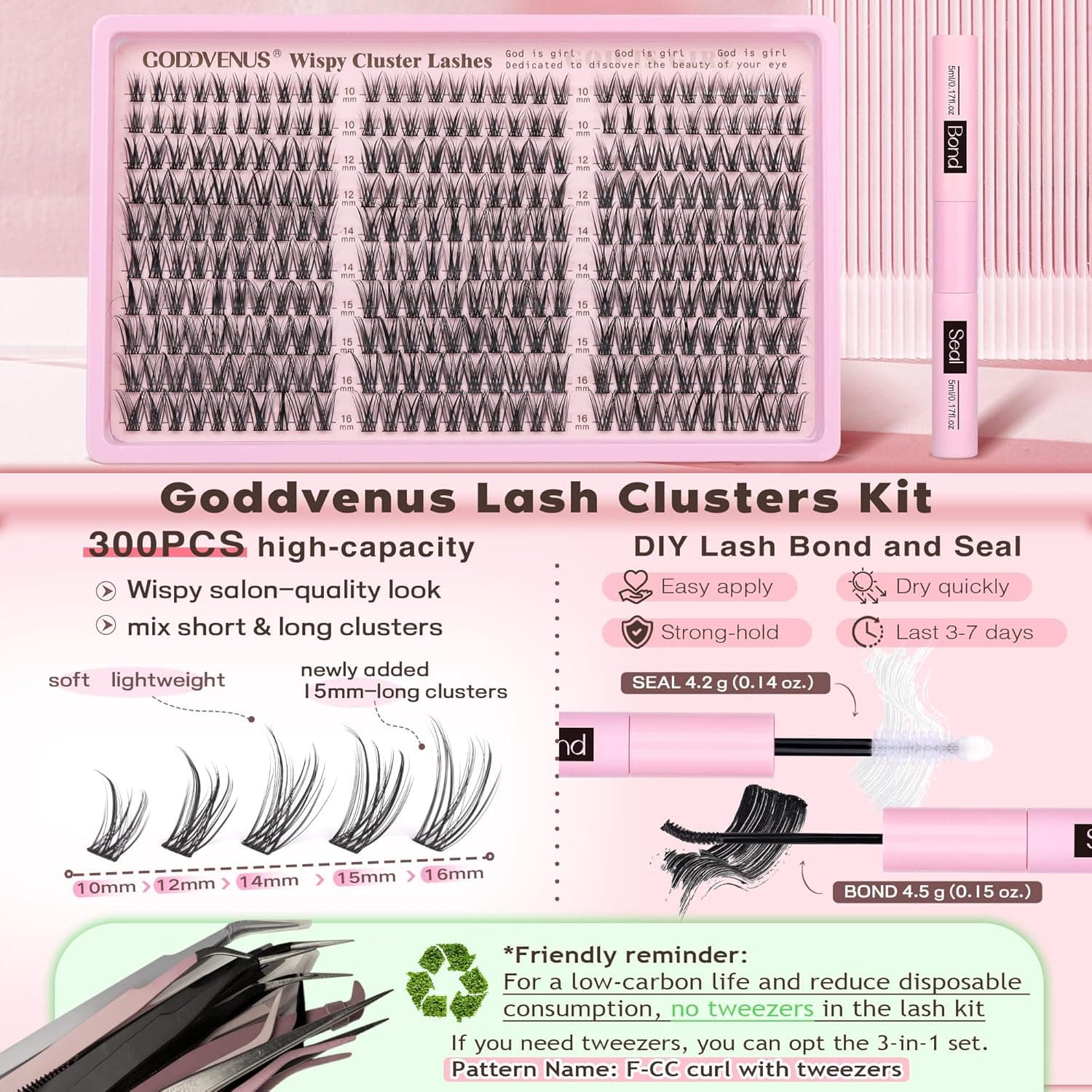 Lash Clusters Kit Wispy Eyelash Clusters Lashes Natural DIY Lash Extension Kit 10-16mm Cluster Eyelash Extensions Kit 300pcs C Curl Individual Lashes Cluster Eyelash (No Tweezers) E-CC Curl no tweezers - Image 6