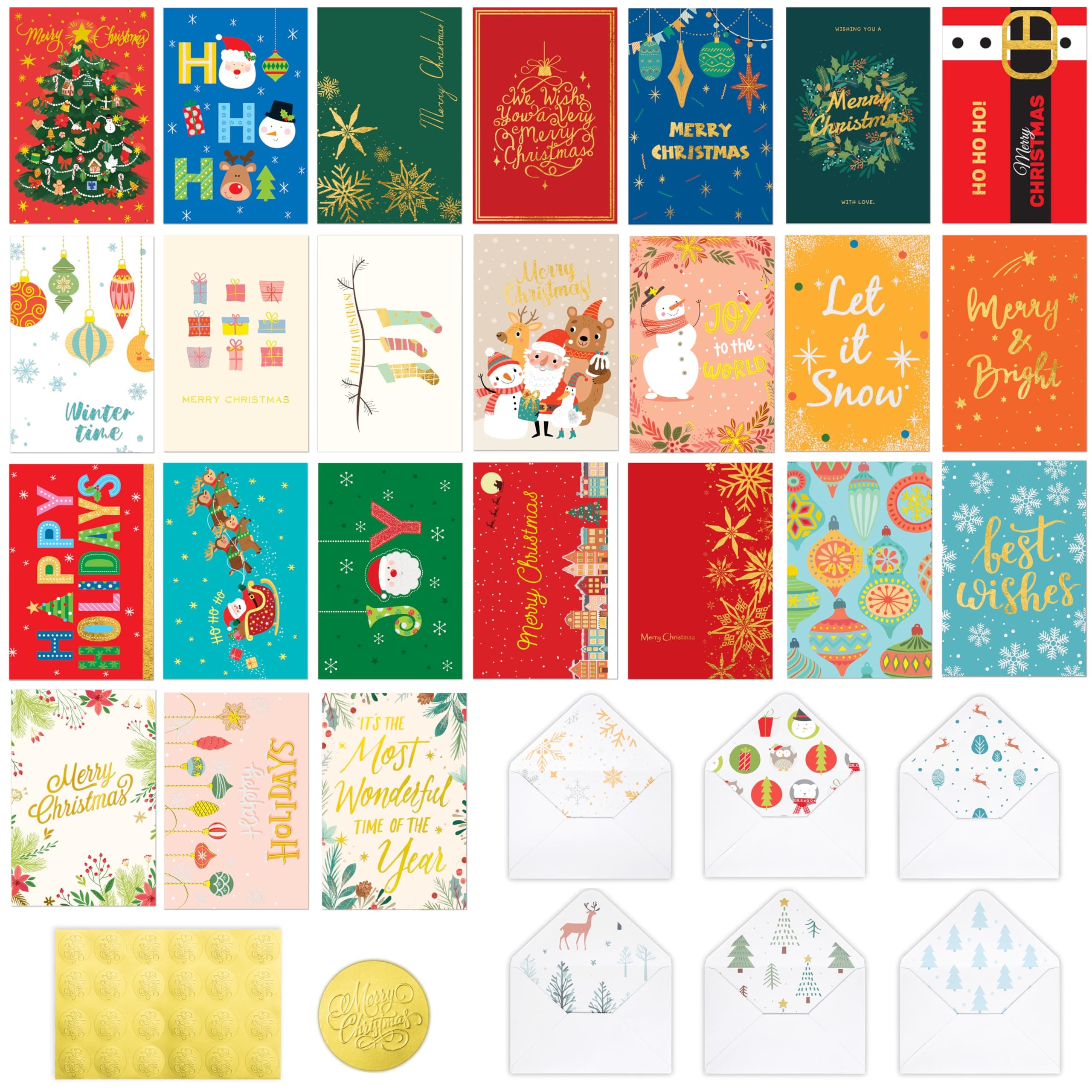 24 Pack Christmas Cards with Envelopes and Stickers, 24 Festive Designs Gold Foil Glitter Christmas Card Set, 6 x 4 In with Printed Greeting Messages Inside, for Friends, Family, and Kids
