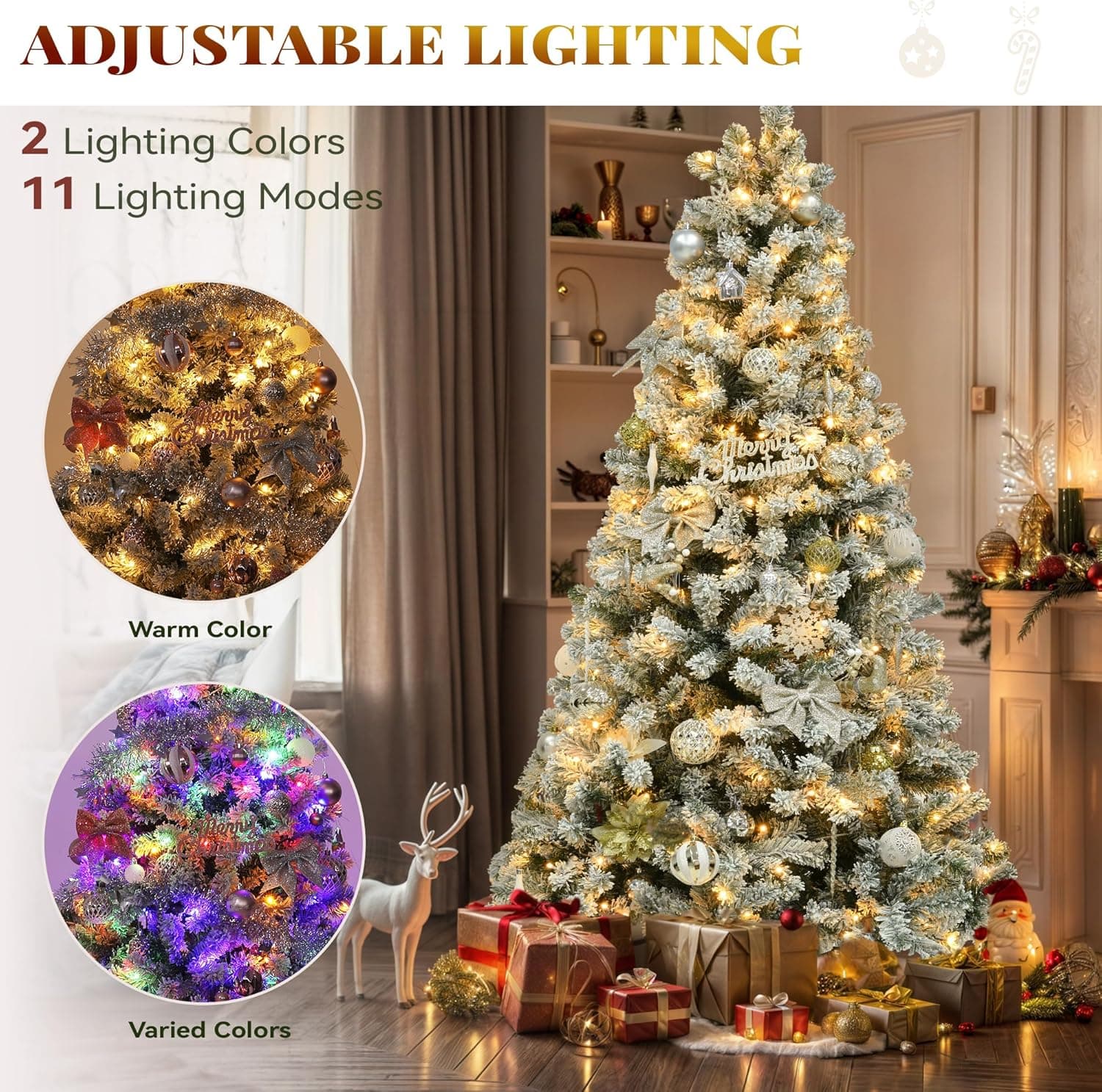 YITAHOME Prelit Snow Flocked Artificial Full Christmas Tree 6ft with Remote Control, Christmas Pine Tree with 11 Light-Modes, 1000 Branch Tips, and Foldable Base for Home, Party Decoration White 6ft - Image 4