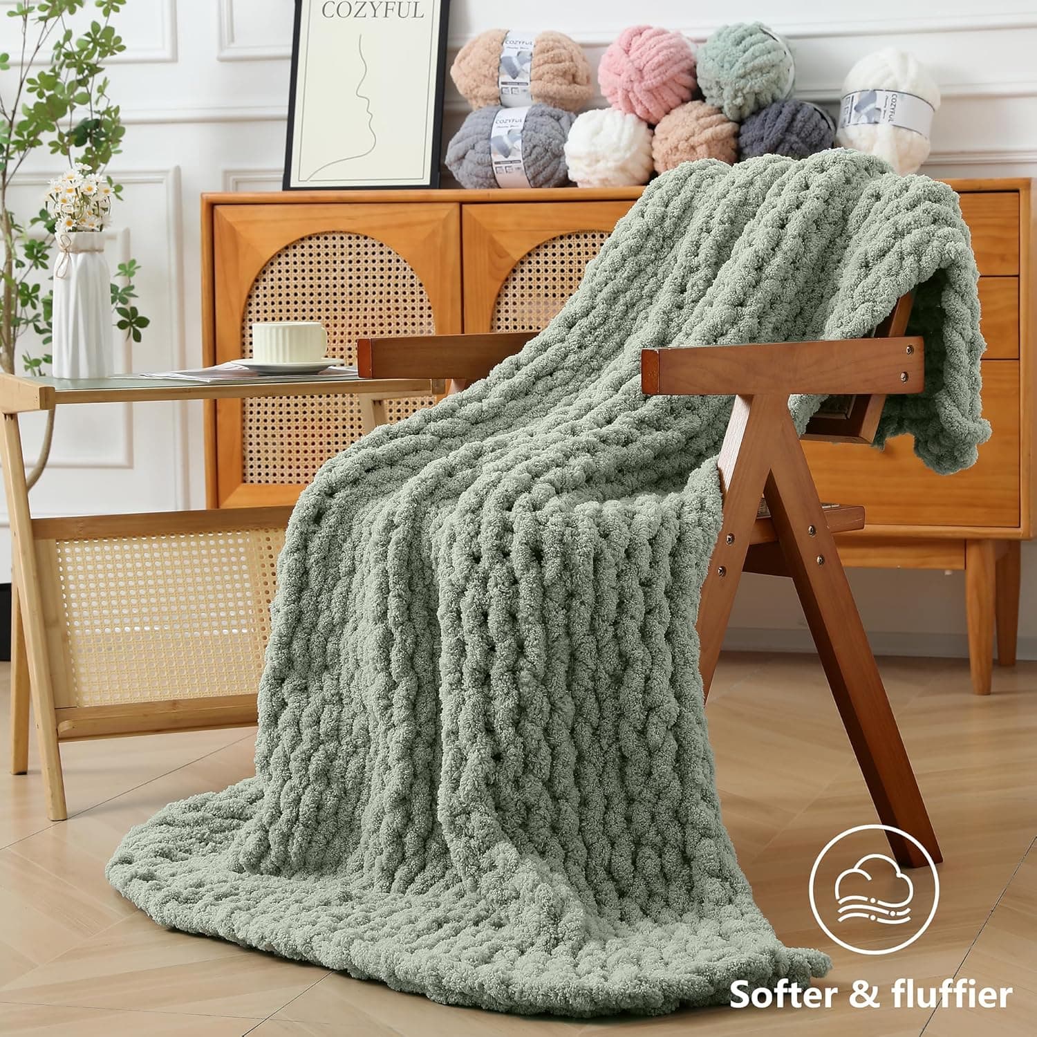 Chunky Yarn for Hand Knitting - #10 Chunky Chenille Yarn, Jumbo Big Thick Chunky Yarns for Crocheting, Super Bulky Chunky Knit Blanket Yarns, 8 Skein (25 yds 8 oz Each Skein), Sage Green 8 Pack Sage Green - Image 7