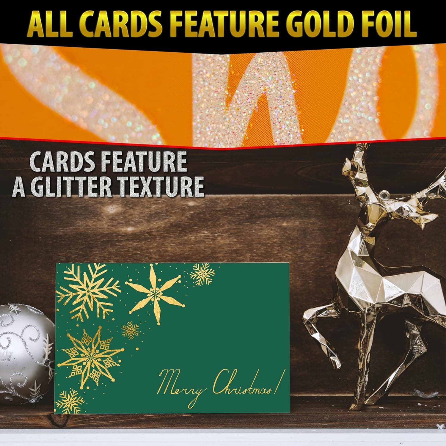 24 Pack Christmas Cards with Envelopes and Stickers, 24 Festive Designs Gold Foil Glitter Christmas Card Set, 6 x 4 In with Printed Greeting Messages Inside, for Friends, Family, and Kids - Image 3