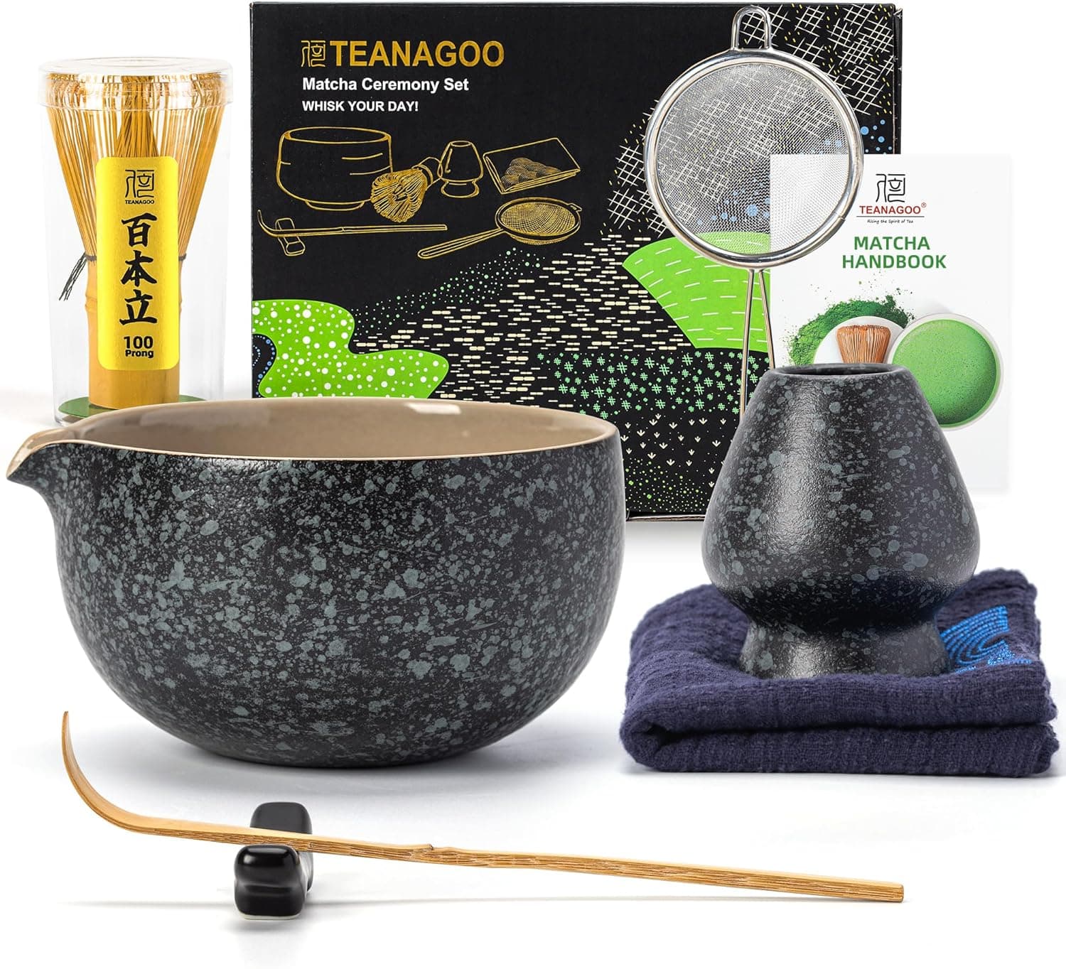 TEANAGOO Matcha Whisk Set Black,7 Pcs Matcha Set,Matcha Kit for Ceremony,Tradition Tea Set for Making Breakfast/Latte,Matcha Whisk Set with Bowl(Chawan)/Whisk and Holder,Gift for Family/Friend Charcoal Black 1 7pcs/set, Bowl with pouring spout - Image 2
