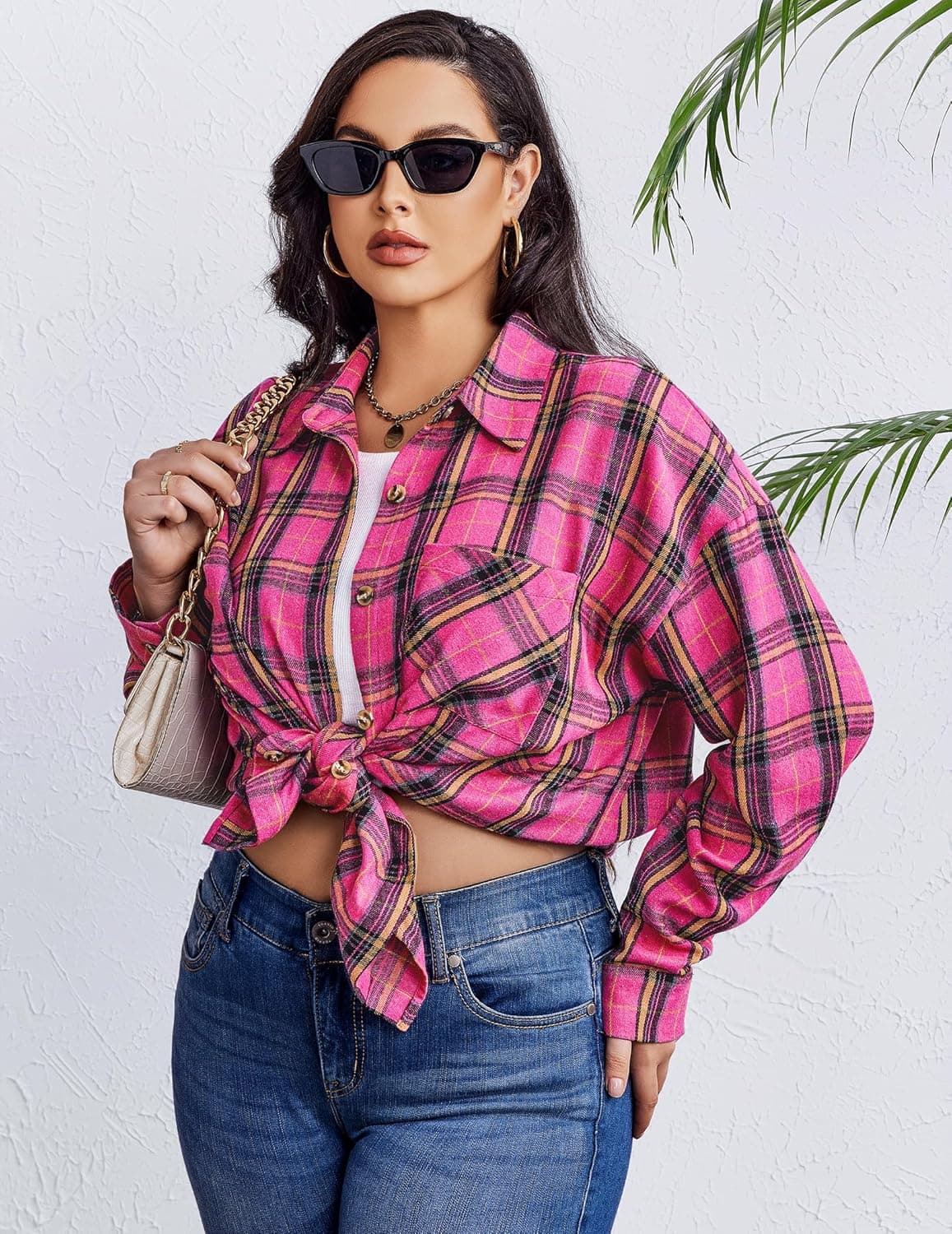 IN'VOLAND Womens Plus Size Flannel Plaid Shirts Long Sleeve Casual Collared Button Down Shirt Loose Blouse Top Pink 24 Plus - Image 5