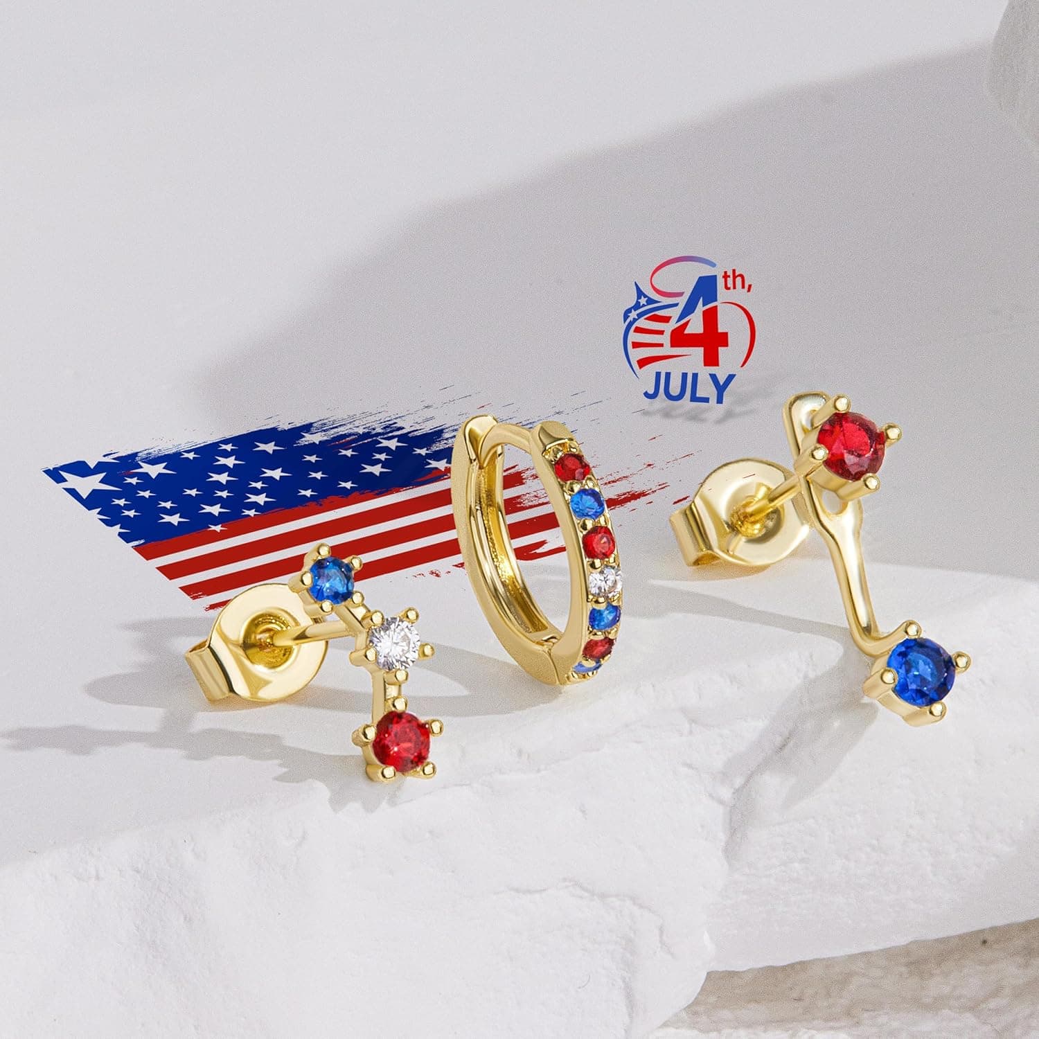 Gold Plated Stud Huggie Earrings Stack for Women Trendy, 3 Pairs Small Cute Hoop Jacket Cartilage Earring Set, Fashion Accessories Holiday Western Jewelry Christmas Gifts Gold-Tone 4th of July earrings(Gold Red White Blue) - Image 6