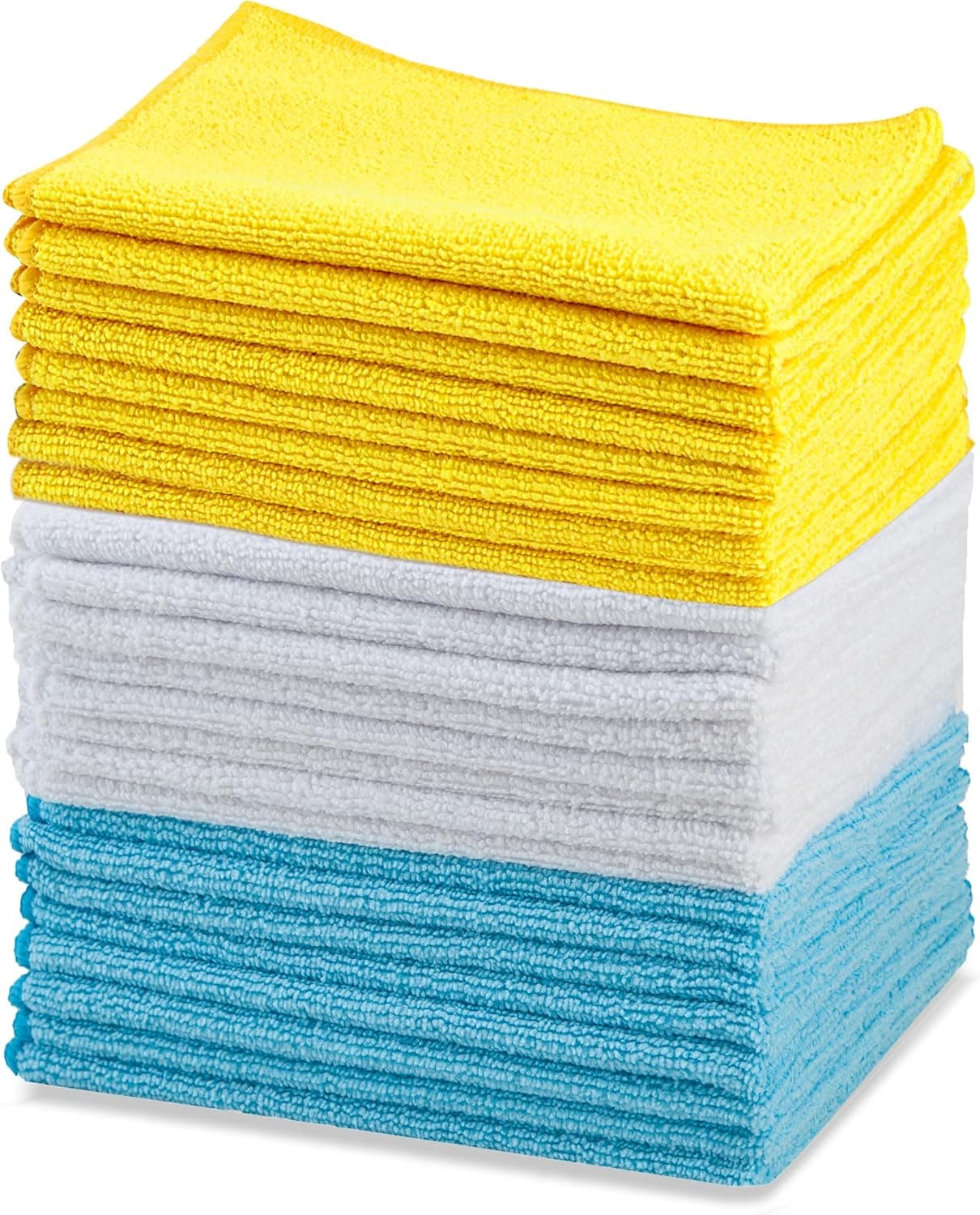 Amazon Basics Microfiber Cleaning Cloths, Ultra Absorbent, Lint Free, Streak Free, Non-Abrasive, Reusable and Washable, 16" x 12", Blue/White/Yellow, Pack of 24 Blue/White/Yellow 24-Pack - Image 2