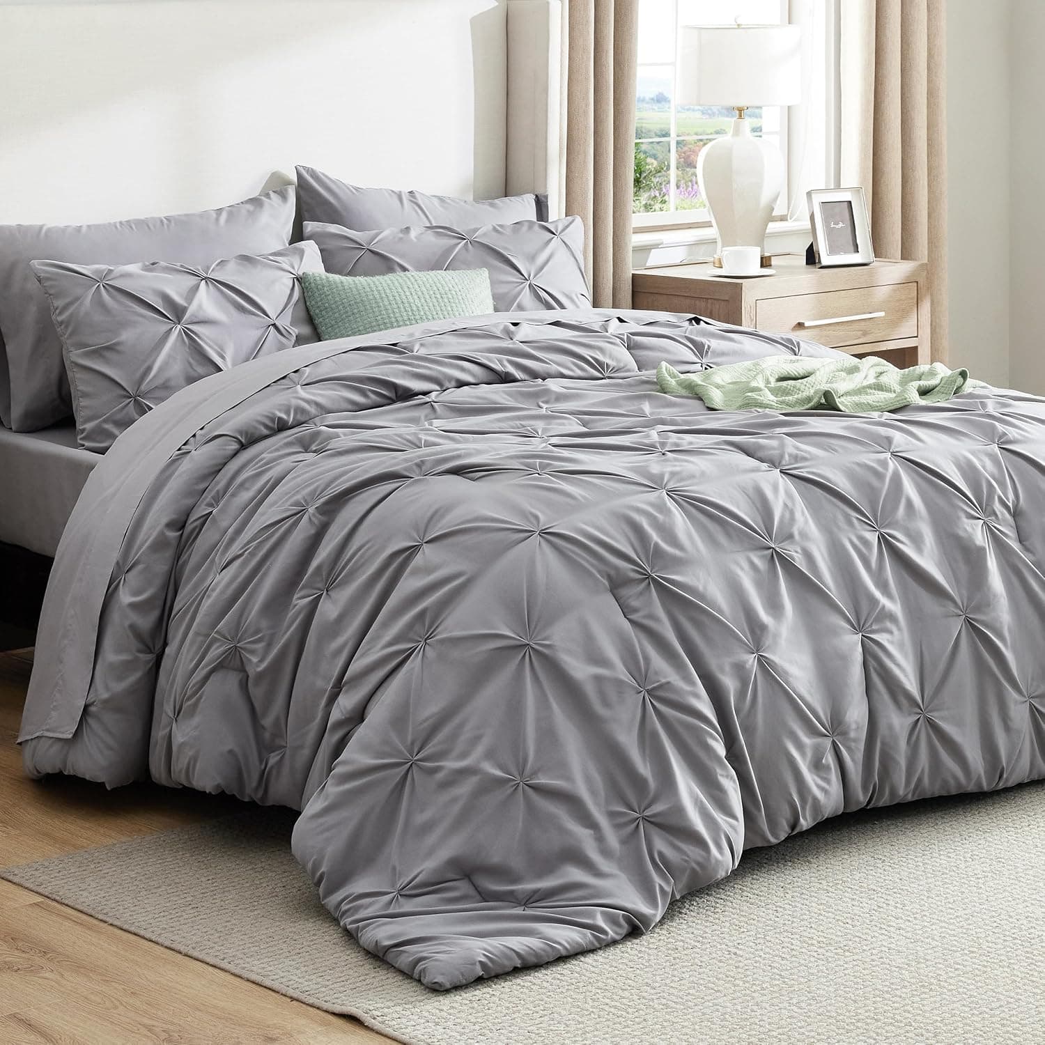 Bedsure King Size Comforter Set - Bedding Sets King 7 Pieces, Pintuck Bed in a Bag Grey Bed Set with Comforter, Sheets, Pillowcases & Shams King 01 - Grey - Image 2