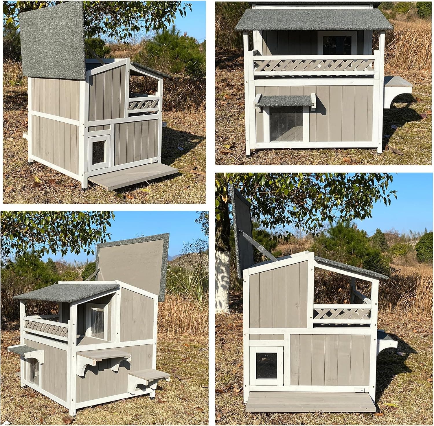 Feral Cat Shelter Outdoor Weatherproof Houses for Cats Two Story Wooden Cat House Outside Feral Cat House with Balcony Waterproof, Escape Doors Greywhite - Image 3