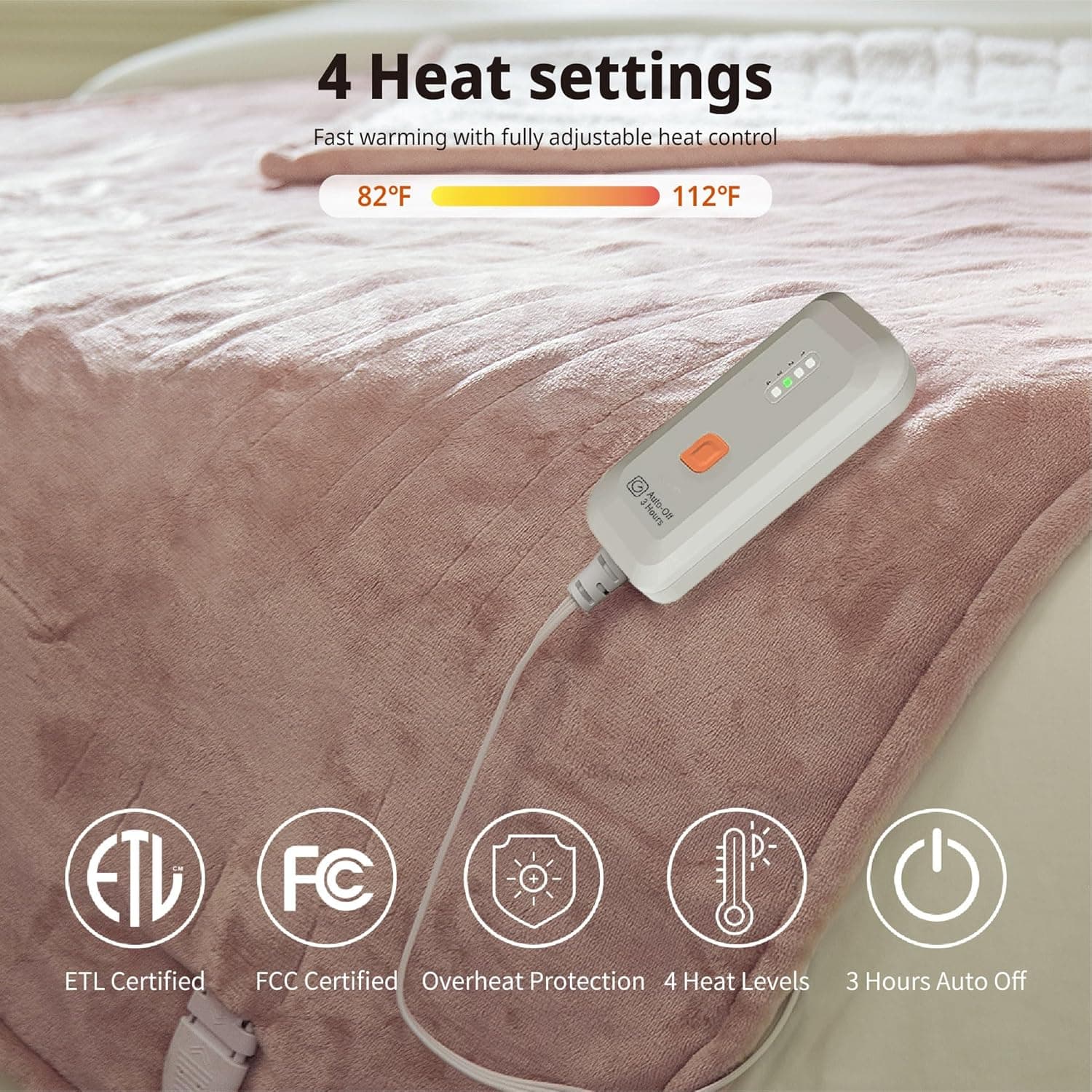 GOTCOZY Heated Blanket Electric Throw 50''X60''- Soft Silky Plush Electric Blanket with 4 Heating Level & 3 Hour Auto Off Heating Blanket, ETL Certified Machine Washable (Rose Dust) Rose Dust Throw - Image 5