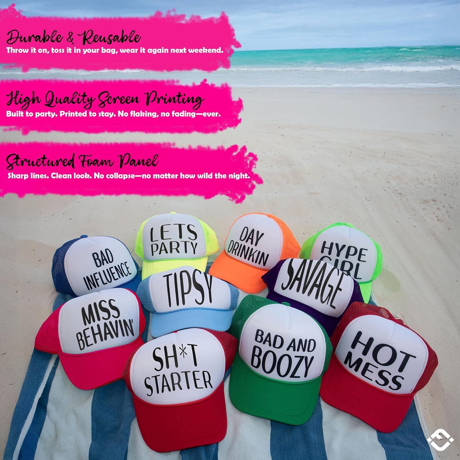 Funky Junque Retro Mesh Snapback Trucker Hat - Stylish Foam Cap for Bachelorette Party, Western Style, Spring Break Miss Behavin' - Hot Pink/White - Image 7