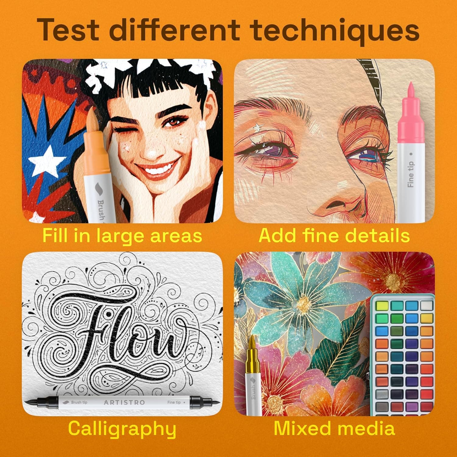 ARTISTRO 24 Acrylic Paint Markers - Paint Pens for Calligraphy, Brush + Fine Tips - For Fabric, Rock, Glass, Wood, DIY, Craft, Canvas - Art and Craft Supplies for Adults, Teens, Kids 24 Multicolor - Image 5