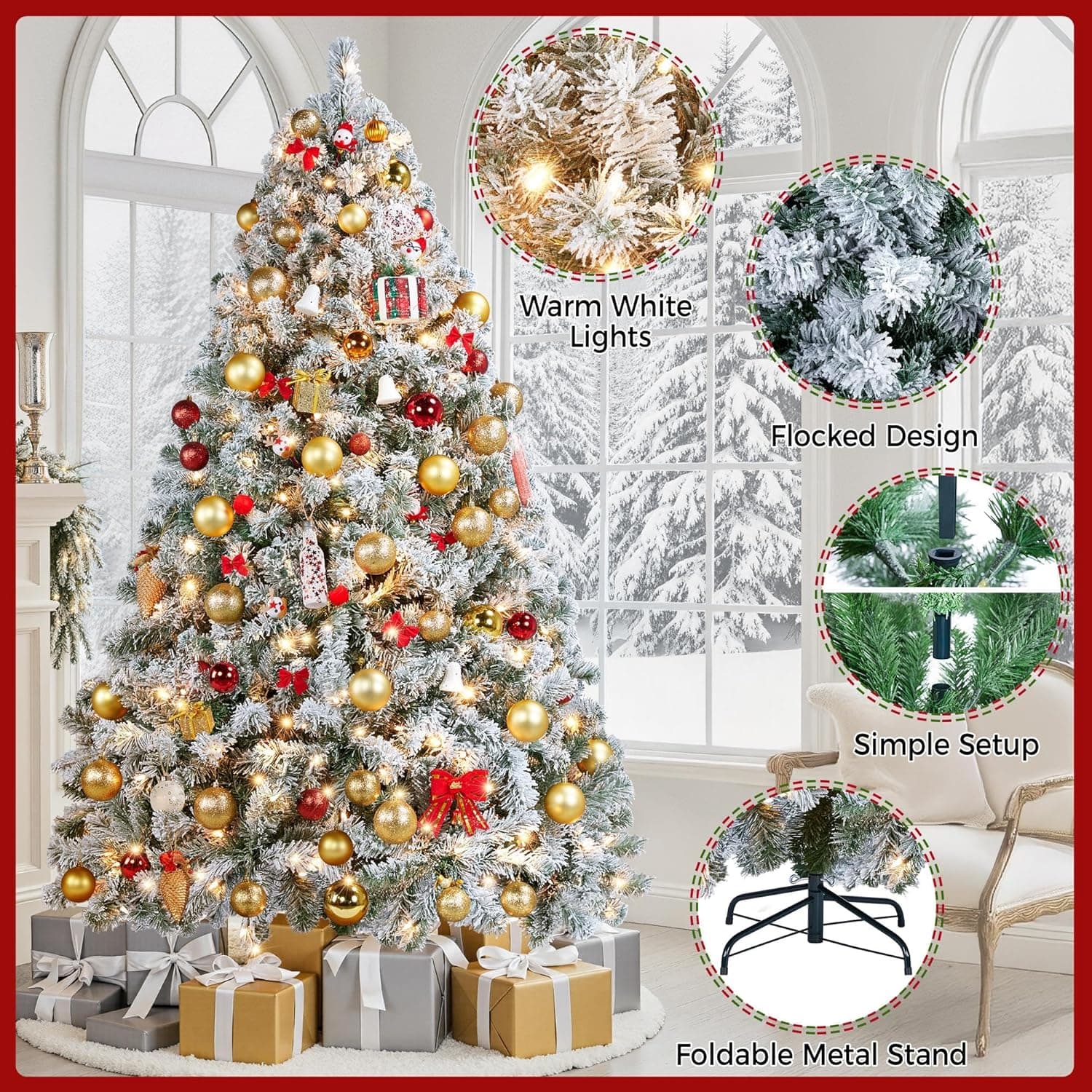 Yaheetech 6ft Snow Flocked Pre-lit Christmas Tree with 250 Warm White Lights, 820 Lush Branch Tips & Quick-Assembly Hinged Design, Full Artificial Xmas Tree for Winter Holiday Décor, Green & White 6ft Green & White - Image 6