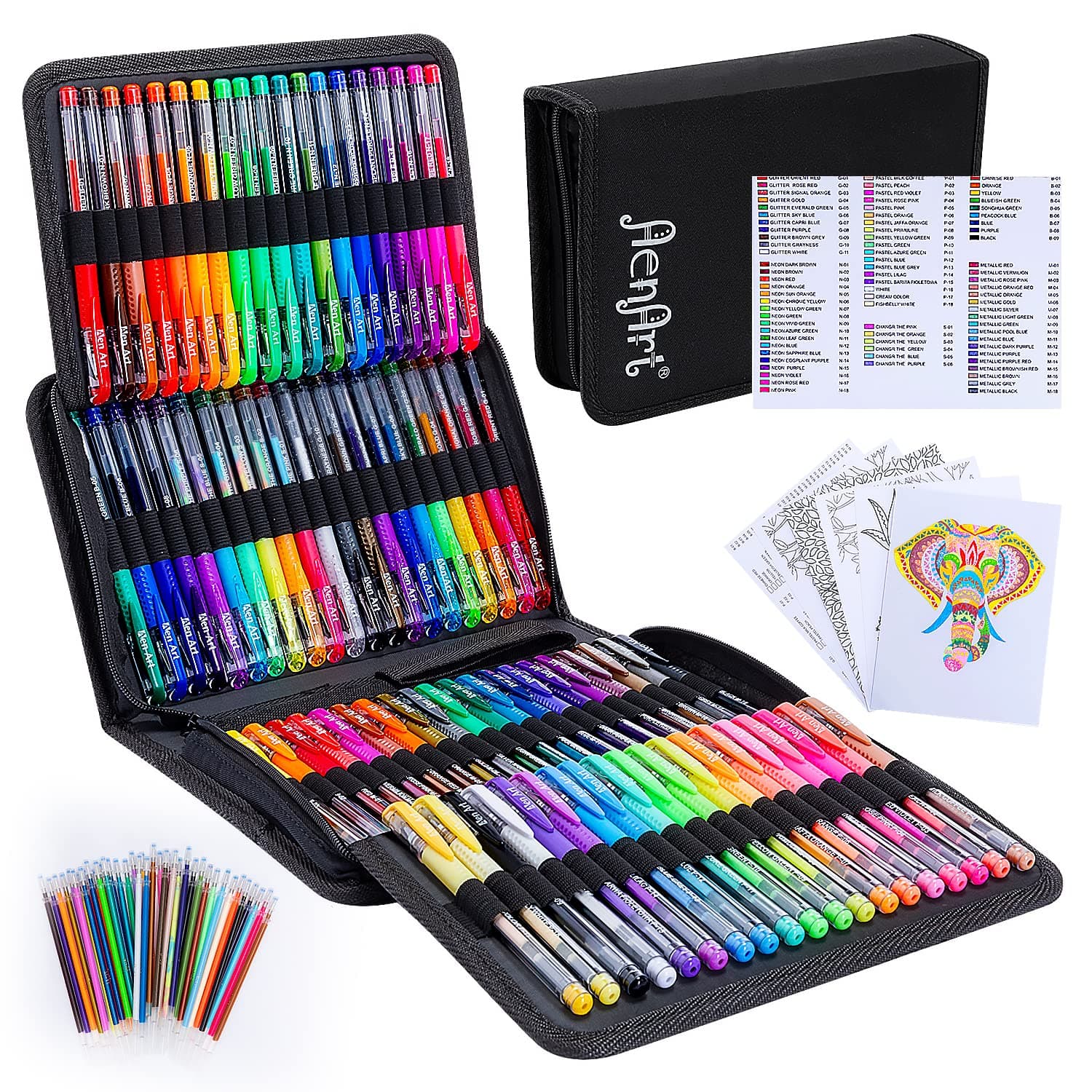 Aen Art Gel Pens for Adult Coloring Books, 160 Pack Artist Colored Gel Pen with 40% More Ink, Black Case. Perfect for Drawing Doodle Crafts Journaling Planner