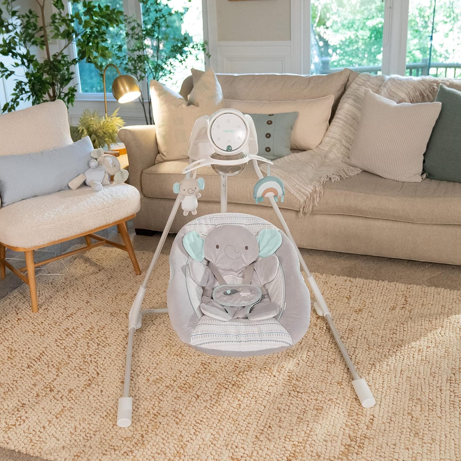 Ingenuity InLighten 5-Speed Baby Swing - Swivel Infant Seat, 5 Point Safety Harness, Nature Sounds, Lights - Van Elephant Van The Elephant - Image 16