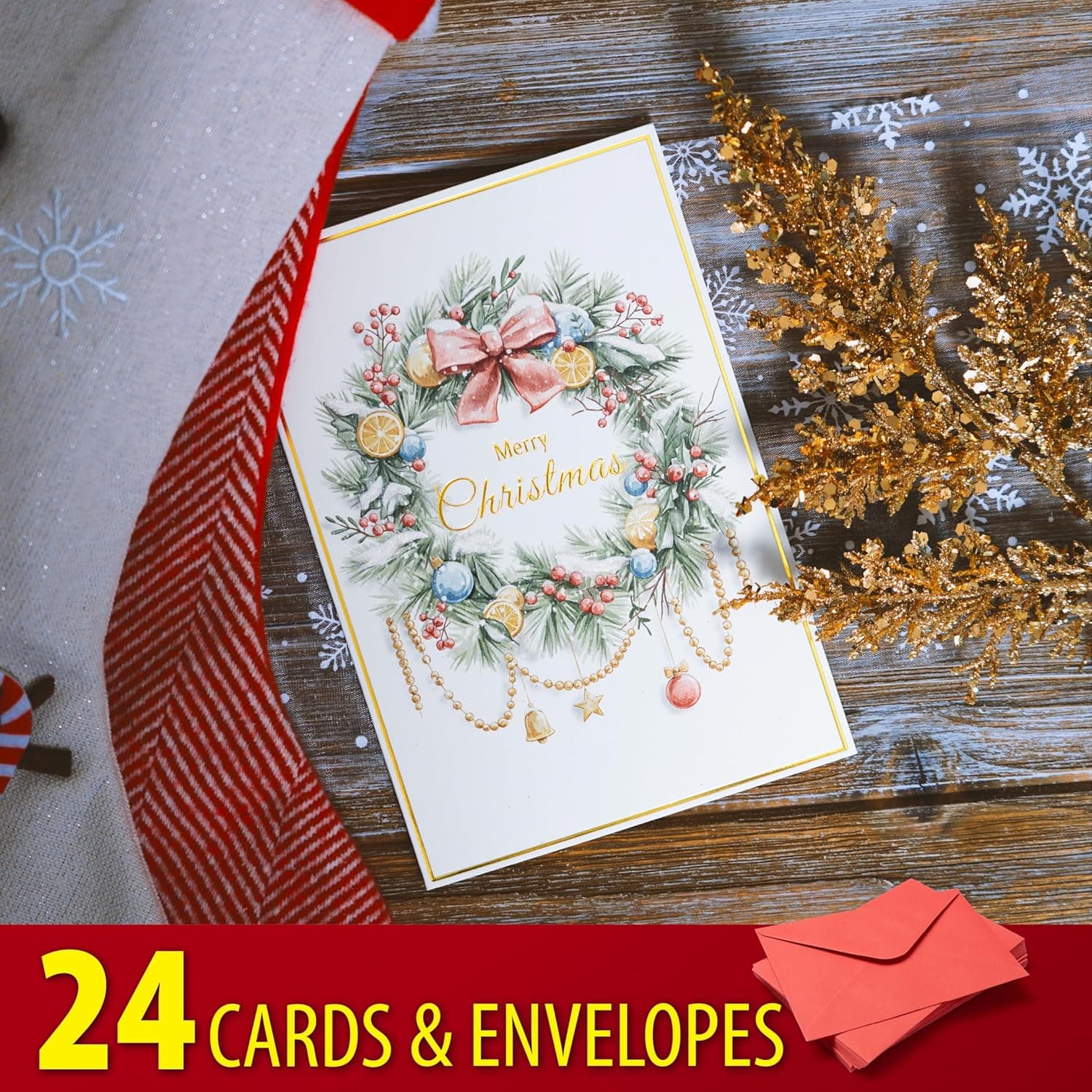 24 Christmas Cards Assortment, Festive Gold Foil Glitter Watercolor Bulk Xmas Cards with Envelopes & Messages - 6 Patterns, 4 3/4" x 7" for Friends, Family, Kids, Boys & Girls multi - Image 5