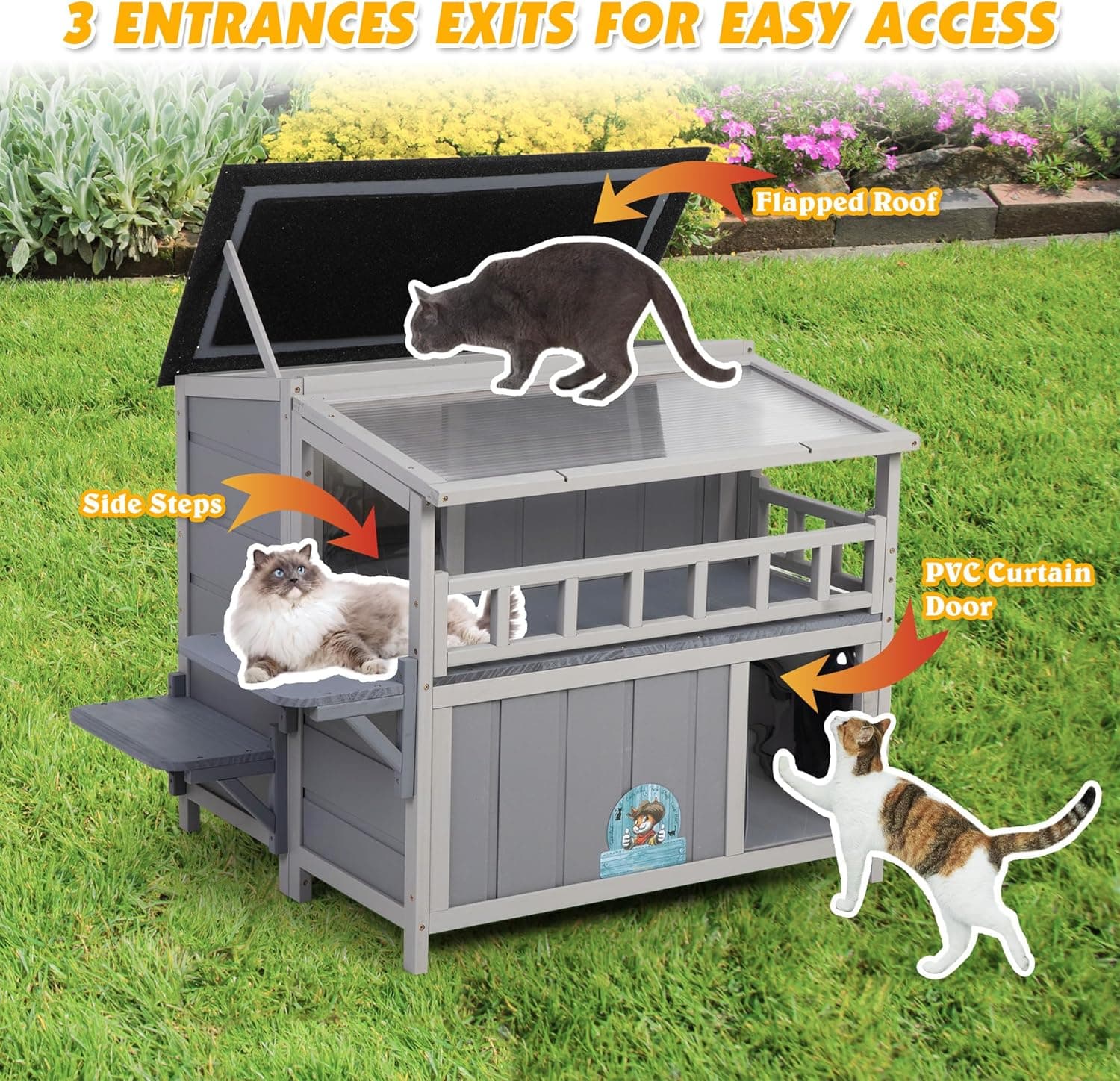 Outdoor Cat House, 2-Tier Warm Wood Cat Shelter with Sunlight Roof, Balcony, Jumping Platforms, Kitty Pet Porch Enclosure, Weatherproof, Openable, Gray Gray GENERAL - Image 6