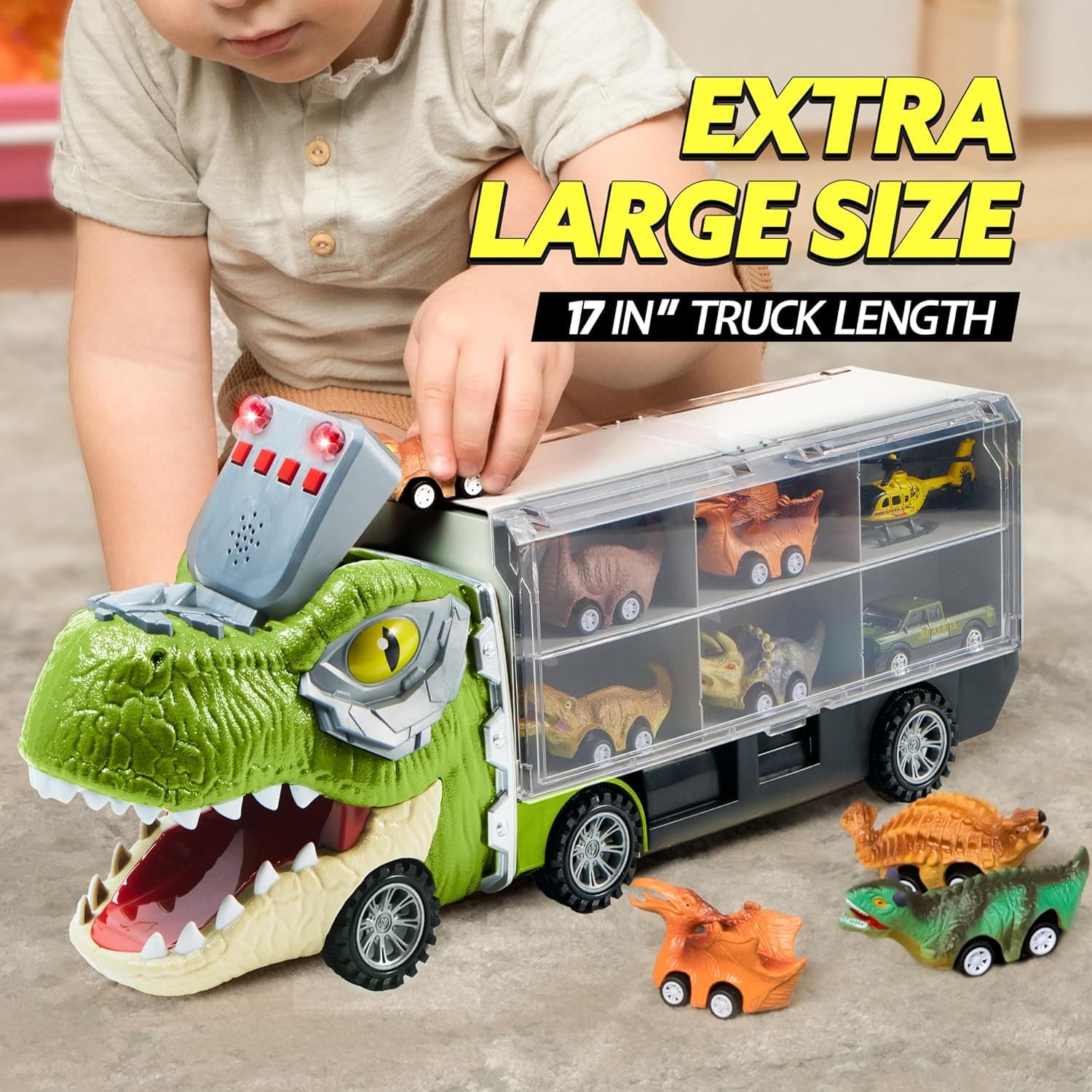 JOYIN 13 in 1 Dinosaur Toys for Kids 3-5, Dinosaur Truck with 12 Pull Back Cars, Birthday Gifts Toys for 3 4 5+ Year Old Boy, Transport Carrier Truck for Toddlers, Christmas Great Gifts for Grandkids Tyrannosaurus Truck - Image 7