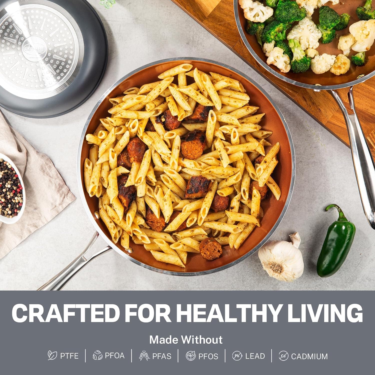 Gotham Steel 12 Pc Ceramic Cookware Set Nonstick, Ceramic Pots and Pans Set Non Stick with Steamer for Cooking, Non Toxic PFOA PFOS Free, Ergonomic Stay Cool Handles, Oven & Dishwasher Safe, Copper 12 Piece Set - Image 5