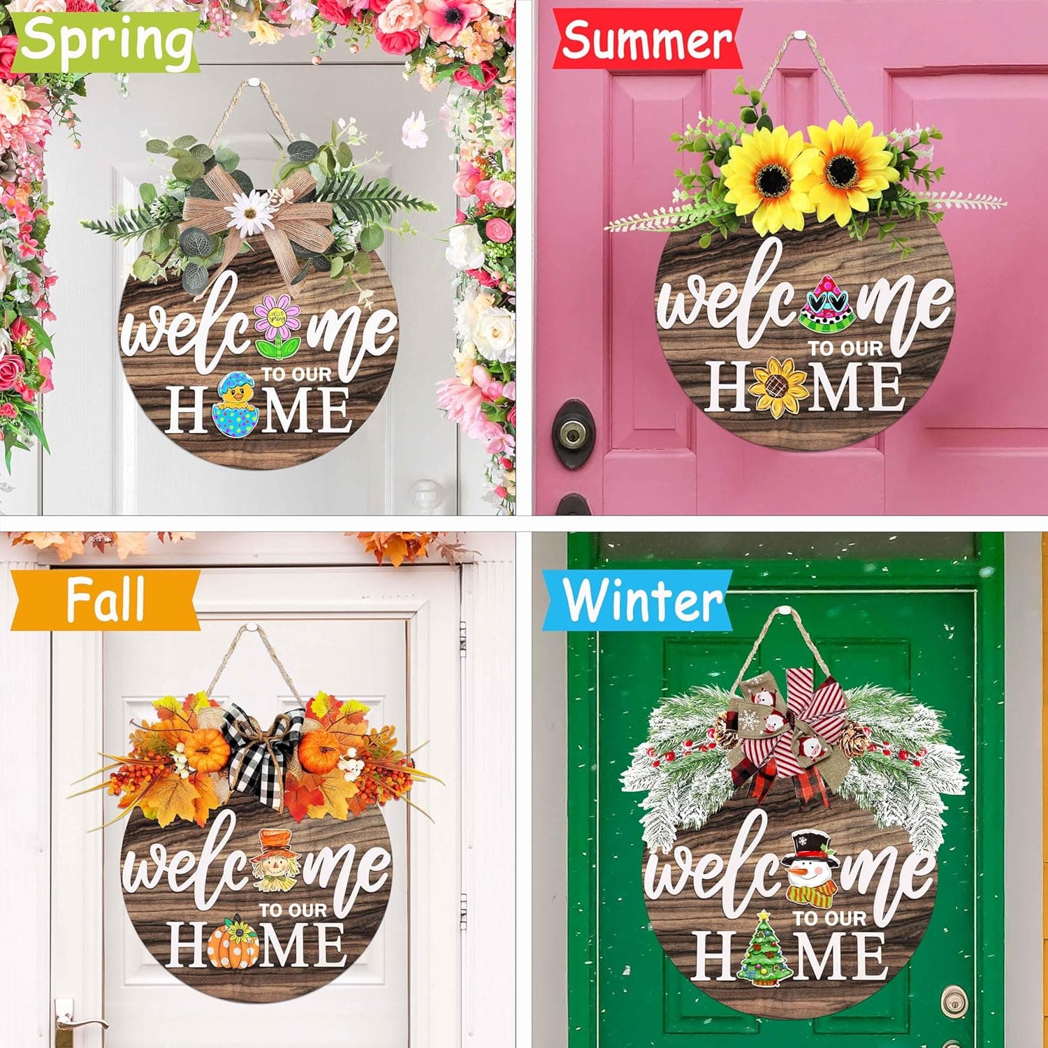 Interchangeable Welcome Sign for Front Door with 4 Seasonal Wreaths and 21 Changeable Icons, Farmhouse Rustic Outdoor Welcome Signs Porch, Holiday Spring Summer Winter Fall Decorations for Home Gifts - Image 3