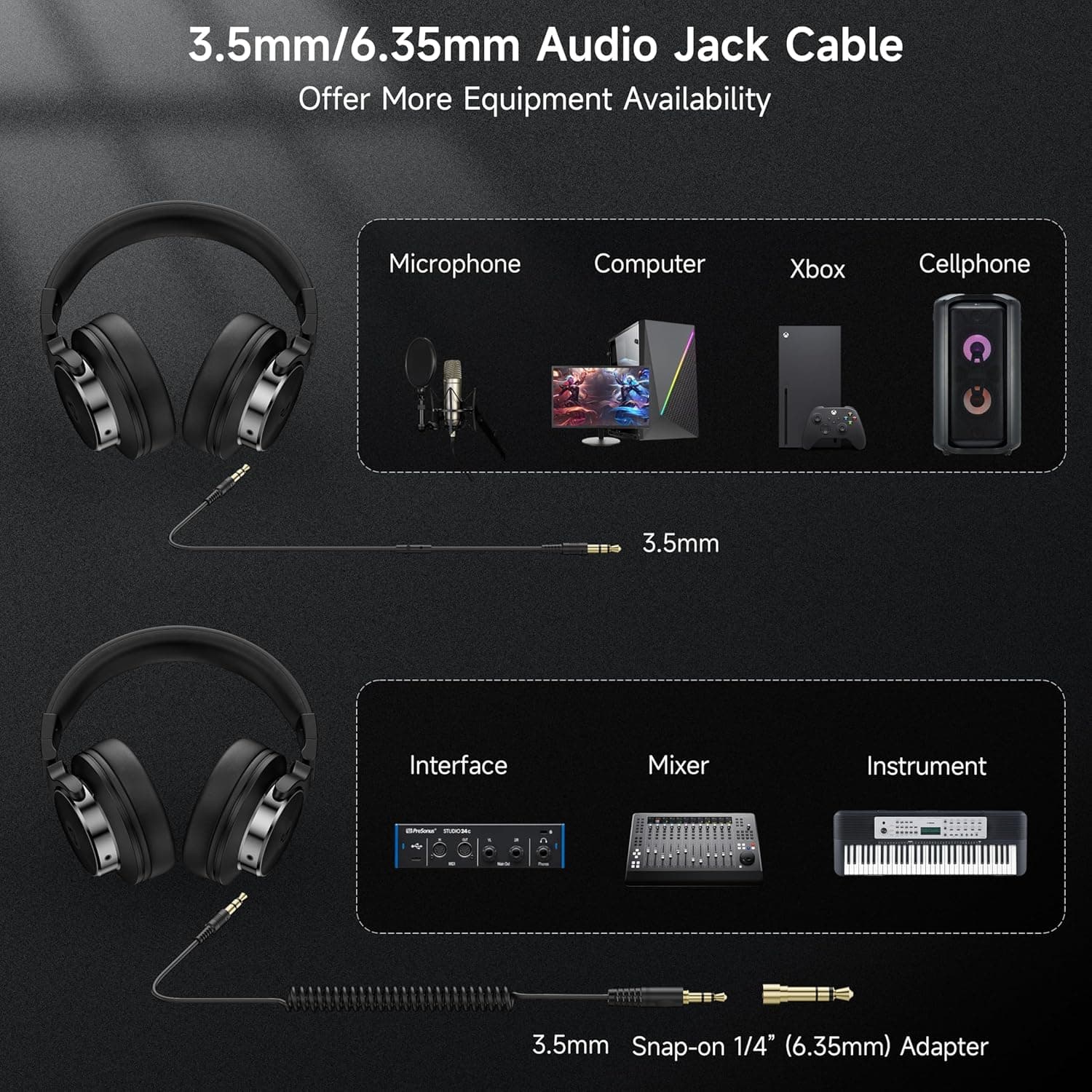 Auriculares con cable sobre la oreja, auriculares de monitor de estudio y mezcla DJ con controladores de neodimio de 50 mm y conector de 1/4 a 3.5 mm para guitarra AMP, podcast, piano, teclado (Negro) - Image 6
