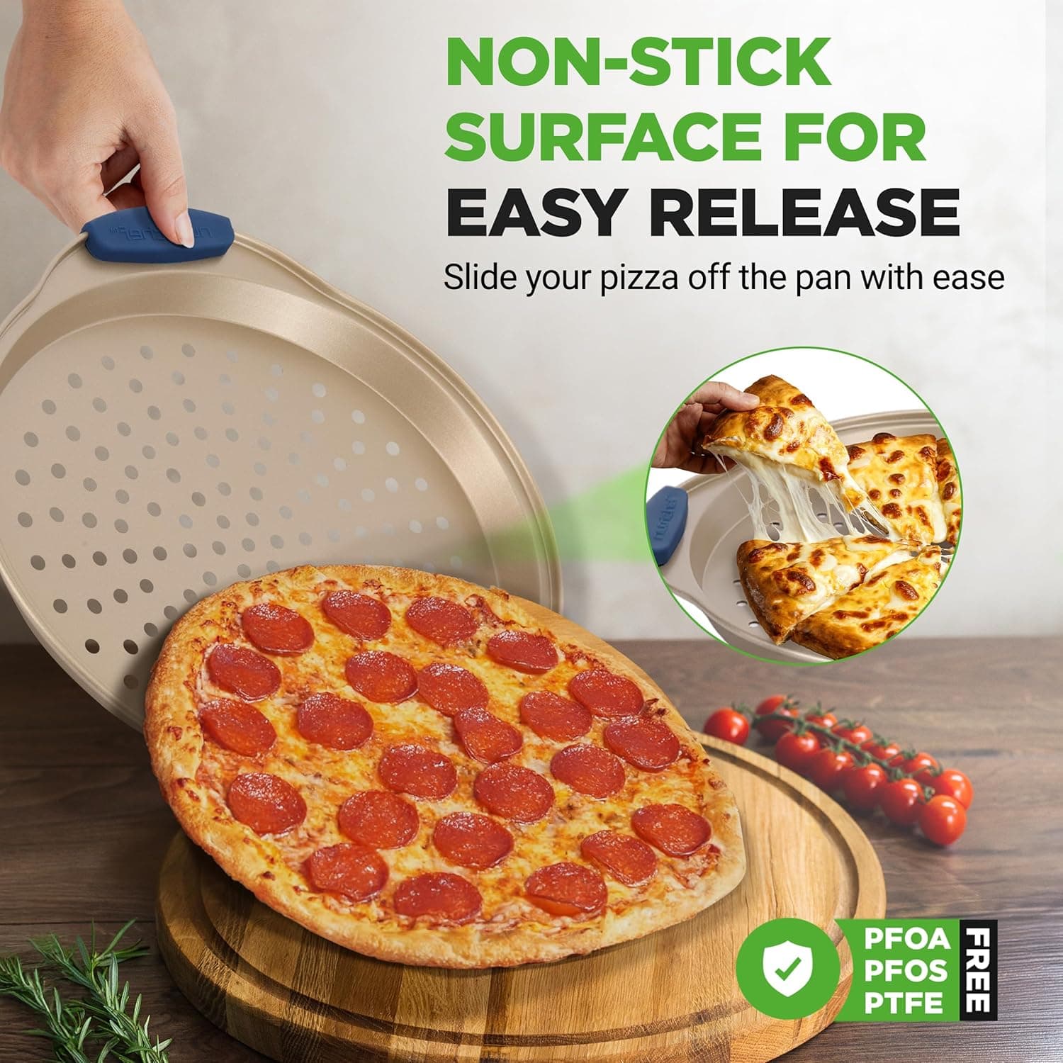 NutriChef 3-Piece Pizza Tray Set with Silicone Handles - Round Nonstick Pizza Pan with Perforated Holes, Durable Carbon Steel, Small, Medium, Large Sizes - Ideal for Crispy, Evenly Baked Pizzas (Gold) - Image 5