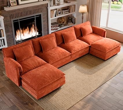 Amazon.com: ELUCHANG 150" U Shaped Modular Sectional Cloud Couch with Pillow, Deep Seat Sofa Couches for Living Room, 6-Seat Modern Sofa with Movable Ottoman, Chenille Terracotta : Home & Kitchen - Image 4