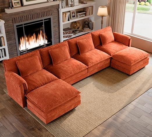 Amazon.com: ELUCHANG 150" U Shaped Modular Sectional Cloud Couch with Pillow, Deep Seat Sofa Couches for Living Room, 6-Seat Modern Sofa with Movable Ottoman, Chenille Terracotta : Home & Kitchen - Image 6