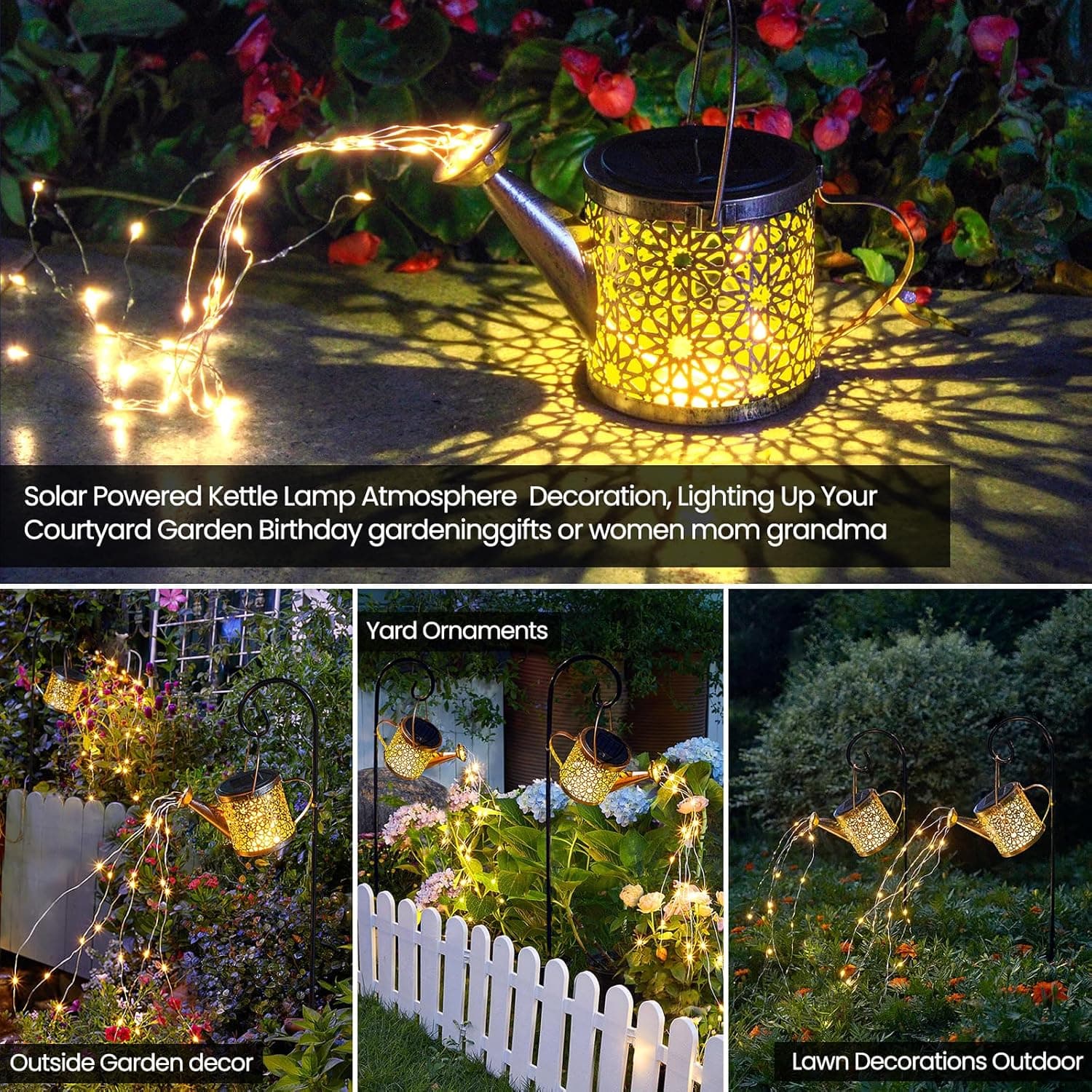 Outdoor Solar Metal Watering Can Small Hanging Decorative Waterproof Lights for Garden Decor, Yard Lights, Outside Patio Lawn, Gifts for Mom Grandma Women Birthday,1 pack, Warm White Warm White-1 pack - Image 3