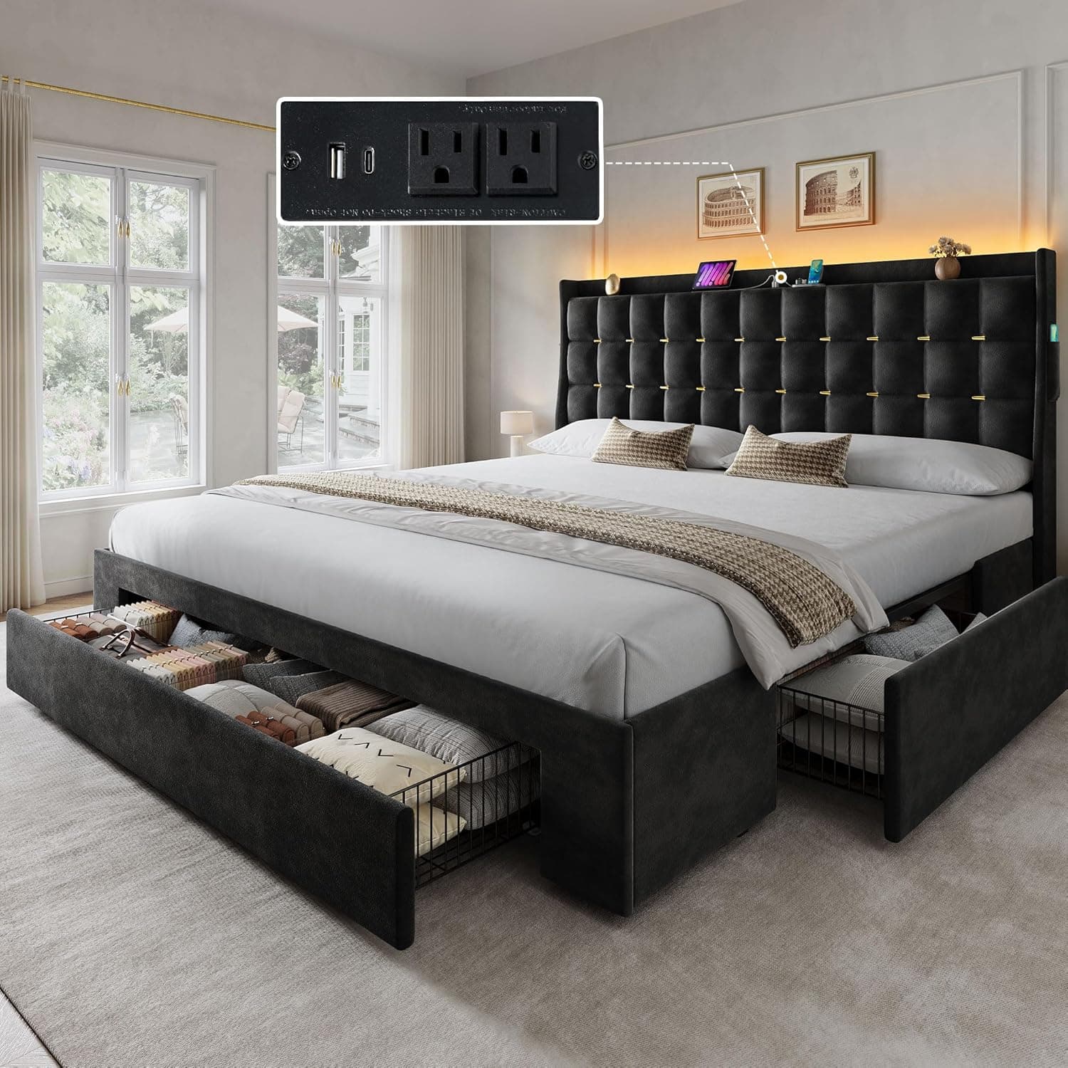 YITAHOME King Size Bed Frame with 3 Storage Drawers and RGB LED Lights, Velvet Upholstered Bed with Charging Station and Storage Headboard, No Box Spring Needed, Easy Assembly, Noise-Free, Black - Image 2