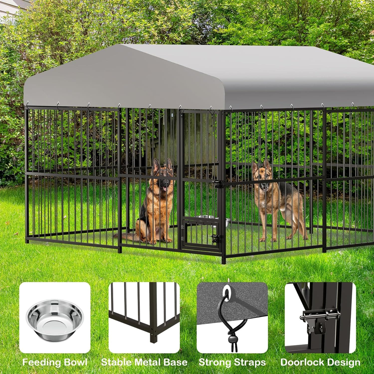 10x10x6 FT Large Dog Kennel Outdoor, Heavy-Duty Outdoor Dog Cage with Lock and Waterproof Roof, Swivel Stainless Steel Feeding Bowl- Easy Assembly for Medium & Large Dogs. 10x10x6FT - Image 9