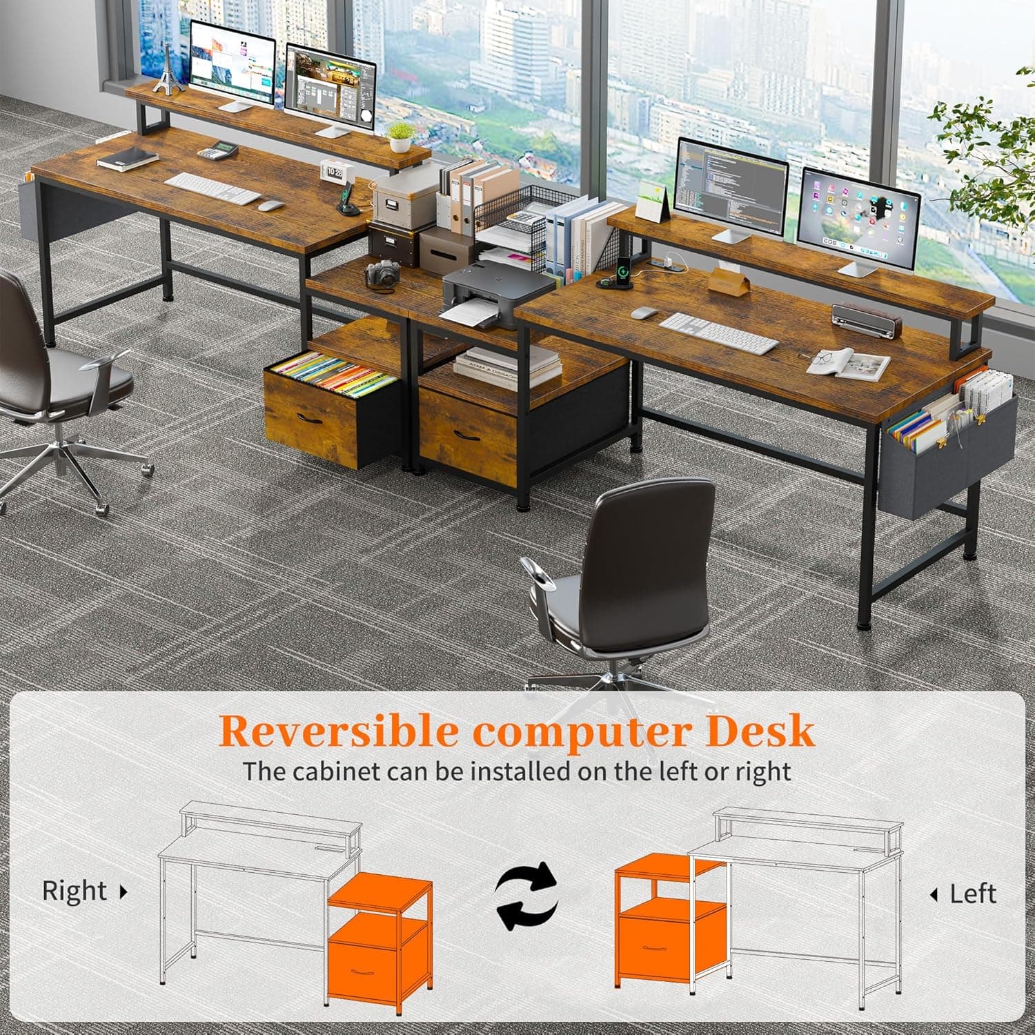 EnHomee 57" Office Desk with Drawers and Printer Space,Computer Desk with Power Outlets,Home Office Desks with File Drawers Cabinet,Study and Gaming Desk with Shelves Monitor Stand,Rustic Brown - Image 9