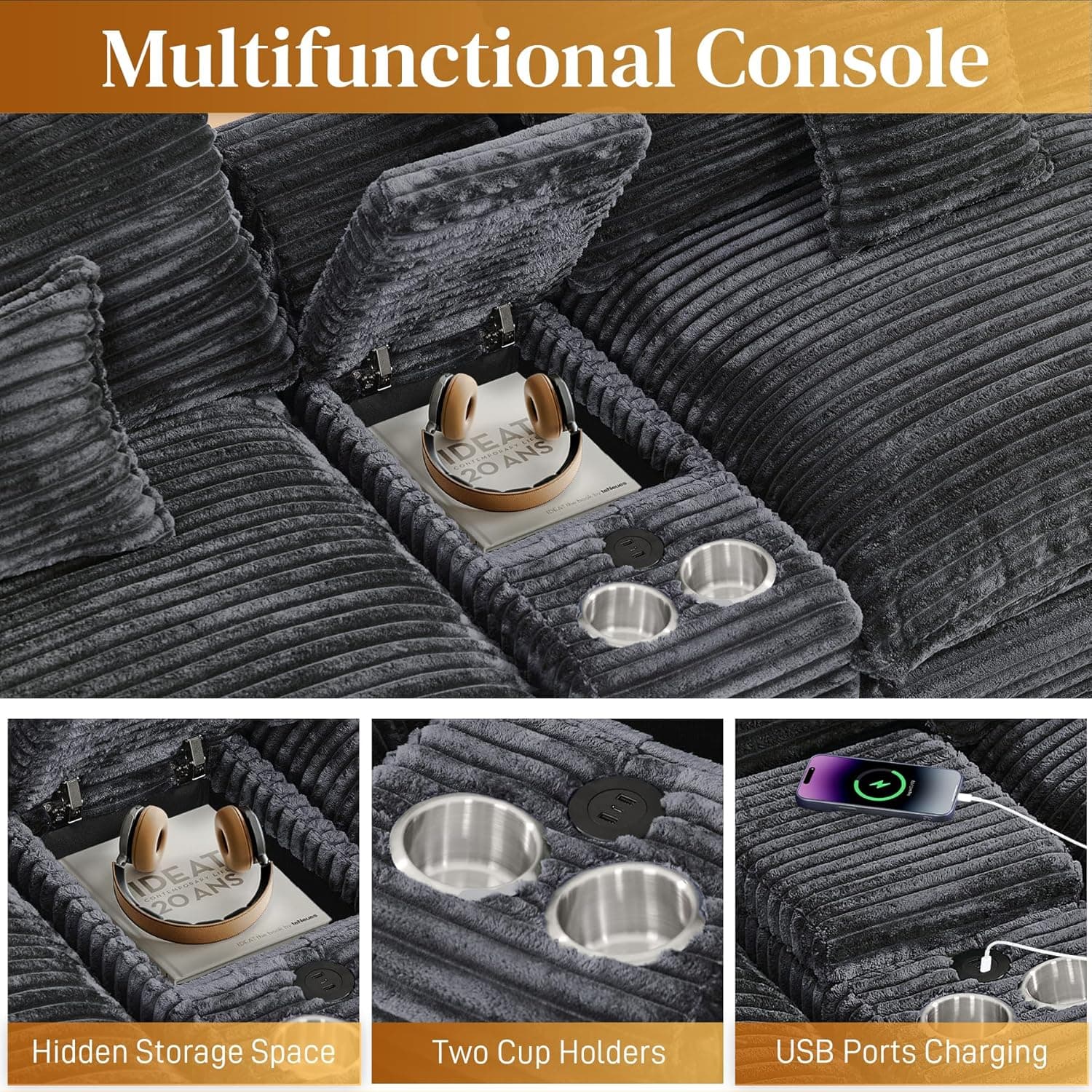 HYJT-H&K 145" U Shaped Cloud Couch Modular Dark Grey Sectional Couches for Living Room, Comfy Fluffy Corduroy Oversized Cloud Sectional Couch Large 6 Seat Sectionals Sofa Set Central Console USB Port 145" Dark Grey - Image 4