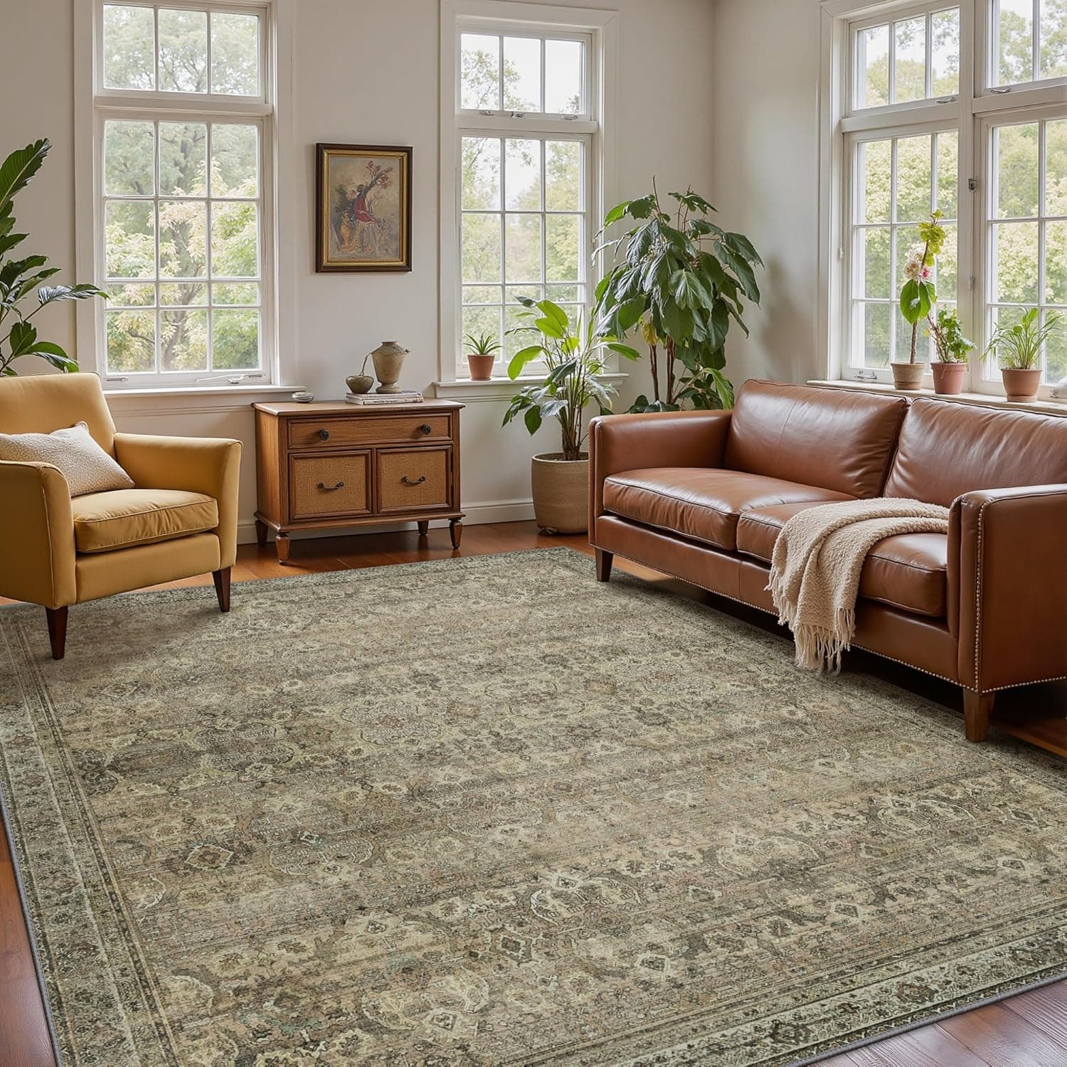 8x10 Area Rug Machine Washable Boho Rug for Living Room,Ultra-Thin Low Pile Carpet,Lightweight Indoor Printed Rug,Non Slip Floral Area Rug for Bedroom, Dining Room, Home Office,Sage Sage 8' x 10' (Rectangular) - Image 3