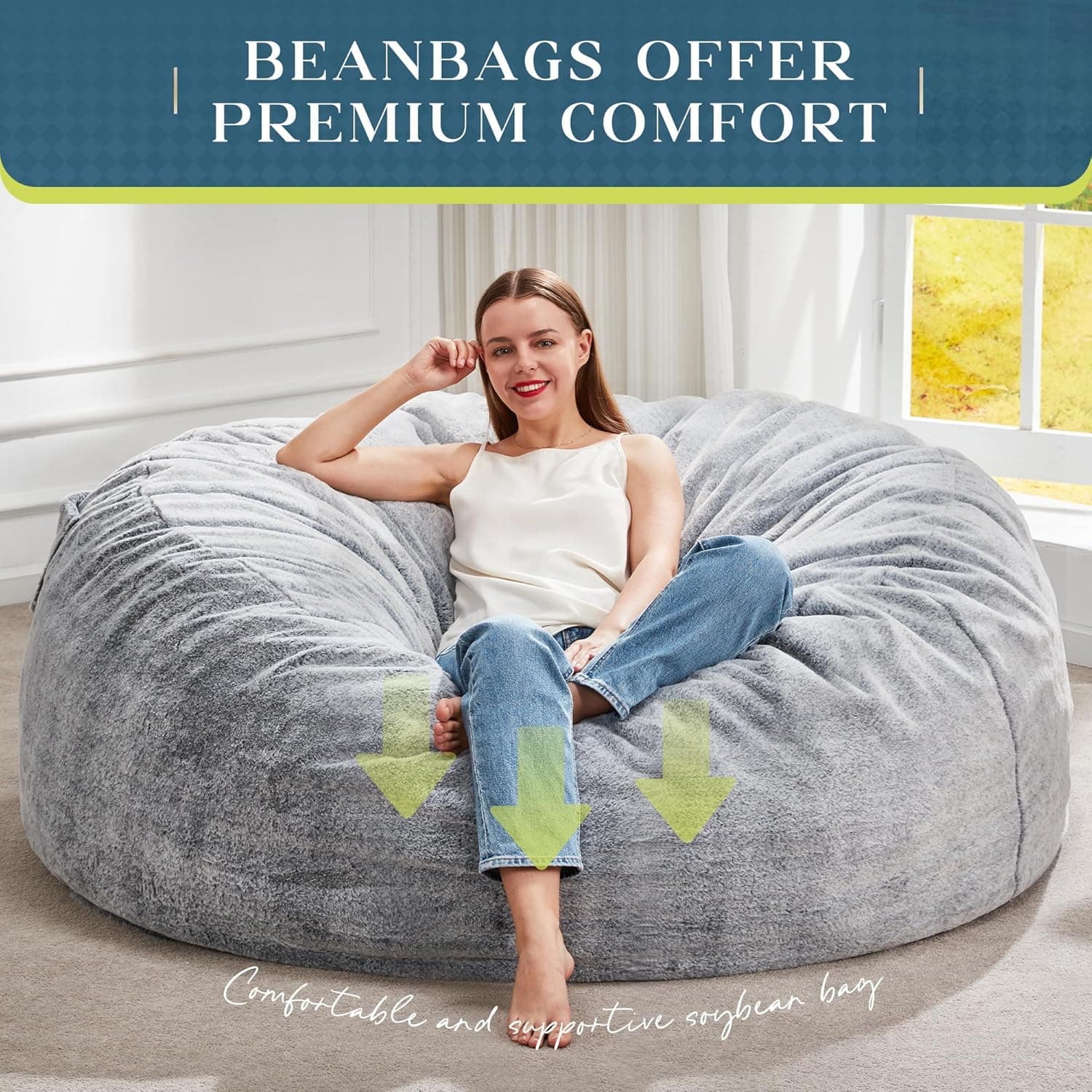 Hobestluk Bean Bag Chairs Giant Beanbag Chair with Filler, Memory Foam Bean Bags with Fluffy & Machine Washable Cover, Bean Bag Chairs for Aduts for Living Room, Bedroom (Grey, 5FT - 50” x 50” x 24”) Grey 5FT - 50” x 50” x 24” - Image 7