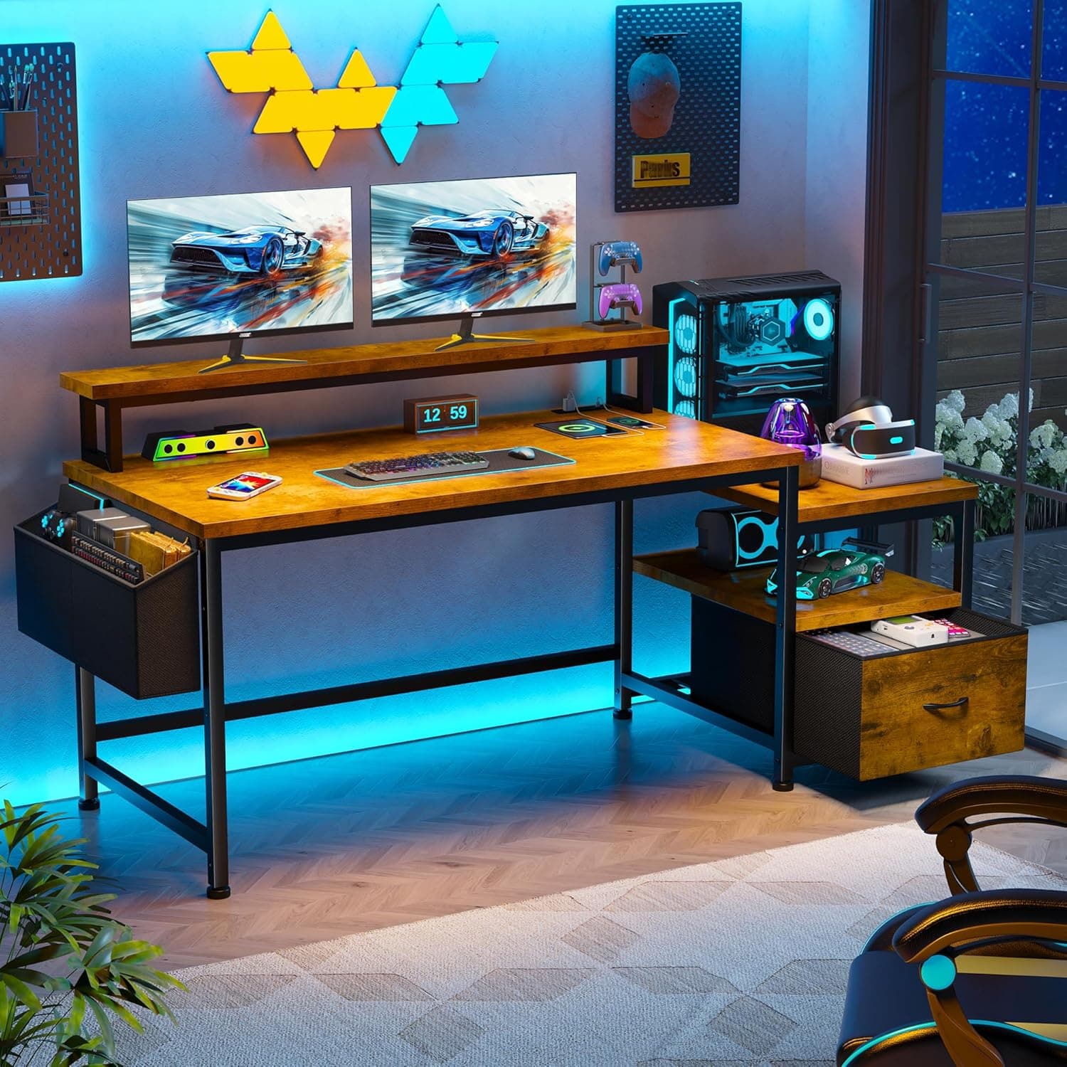 EnHomee 57" Office Desk with Drawers and Printer Space,Computer Desk with Power Outlets,Home Office Desks with File Drawers Cabinet,Study and Gaming Desk with Shelves Monitor Stand,Rustic Brown - Image 7