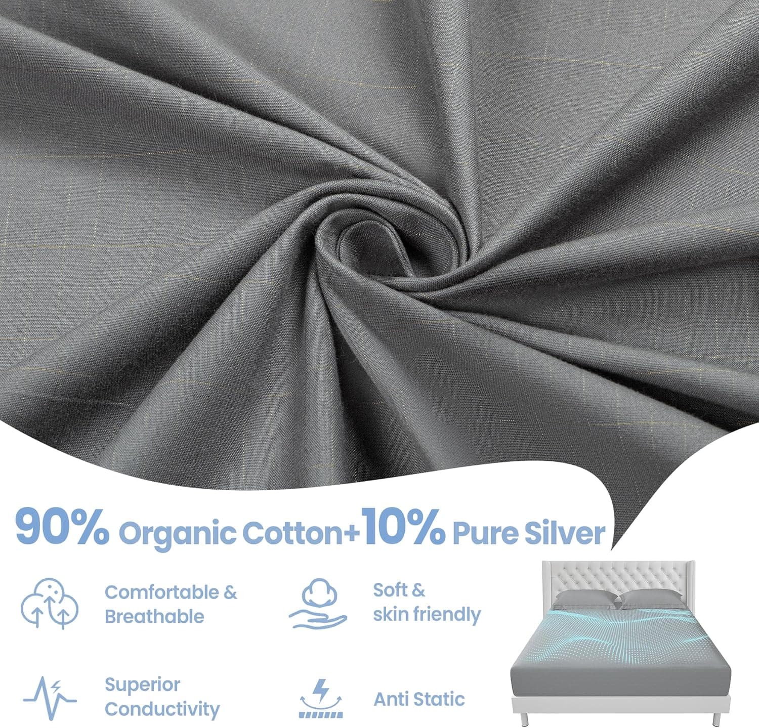 Grounding Sheets Queen Size - 90% Organic Cotton + 10% Pure Silver Fitted Bed Sheet for Earthing - 400 Thread Count Deep Pocket Grounded Bedsheets - Improved Sleep Down to Earth Ground Bedding Queen Gray - Image 3