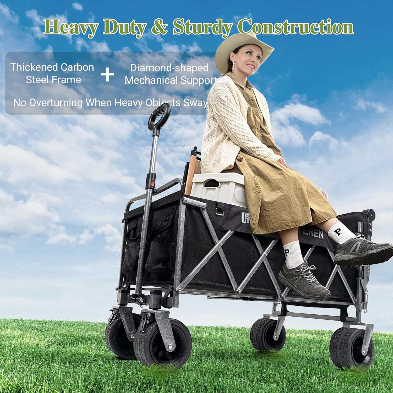 Large Capacity Collapsible Wagon with Opened Tailgate, 500lbs Pulled and Pushed Heavy Duty Folding Wagon Carts, 59" Extra Long Extender Wagons, All-Terrain Big Wheels for Shopping, Sports, Camping Black - Image 5