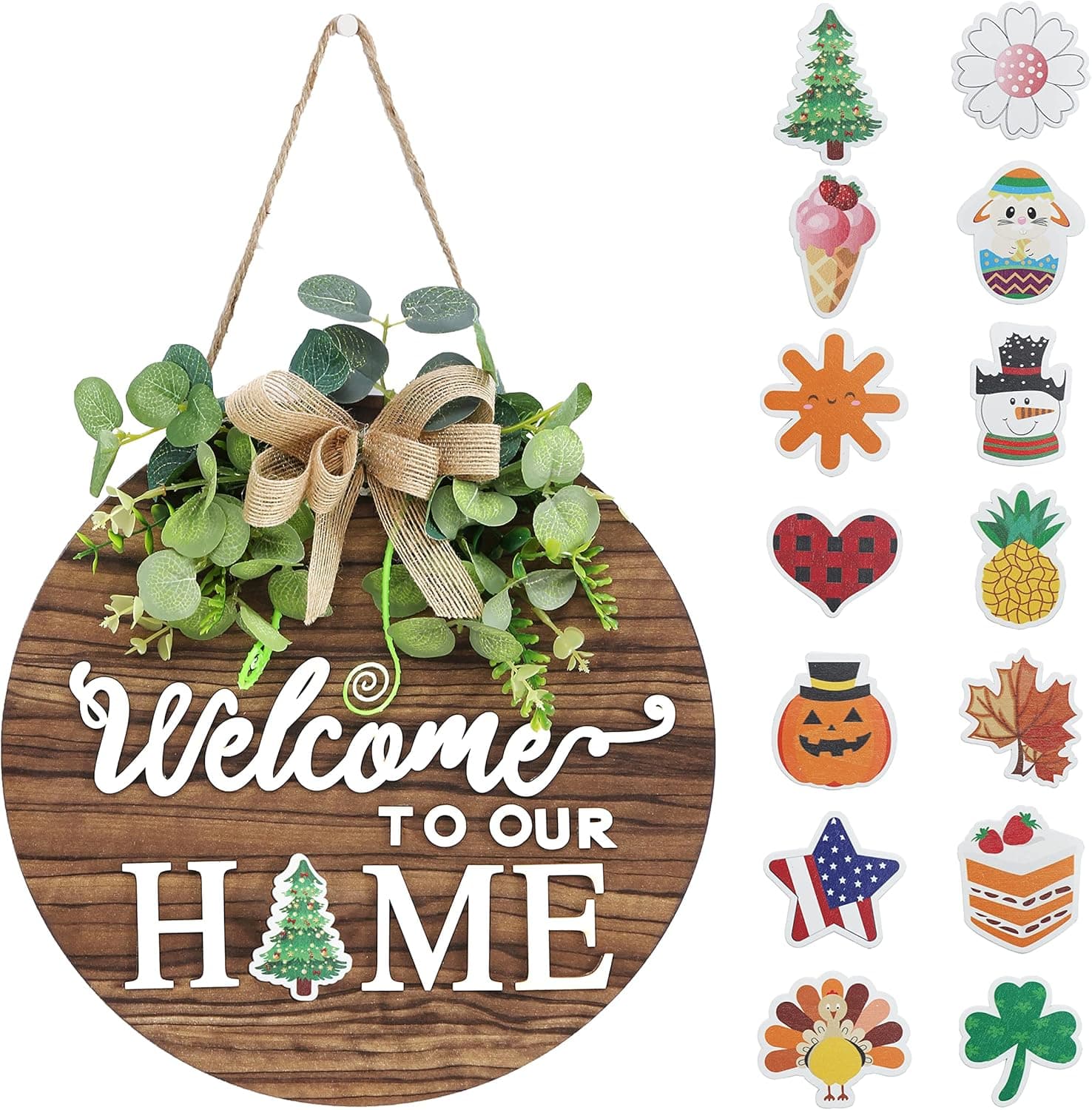 Interchangeable Seasonal Welcome Sign Front Door Decoration, Rustic Round Wood Wreaths Wall Hanging Outdoor, Farmhouse, Porch, for Spring Summer Fall All Seasons Holiday Halloween Christmas. 01blown 12 Inch - Image 2