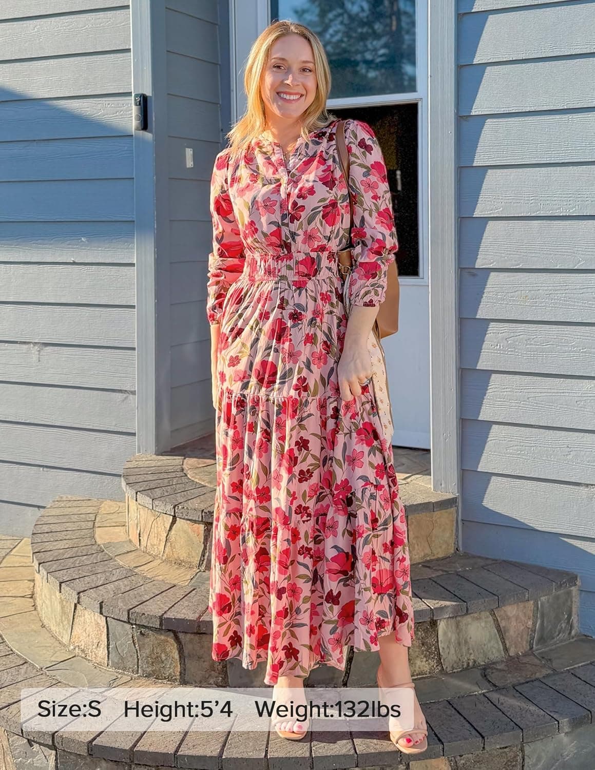 ZESICA Women's 2025 Fall Long Sleeve Maxi Dress Floral Print V Neck Empire Waist A Line Tiered Flowy Boho Party Dresses Vintagepink Medium - Image 8