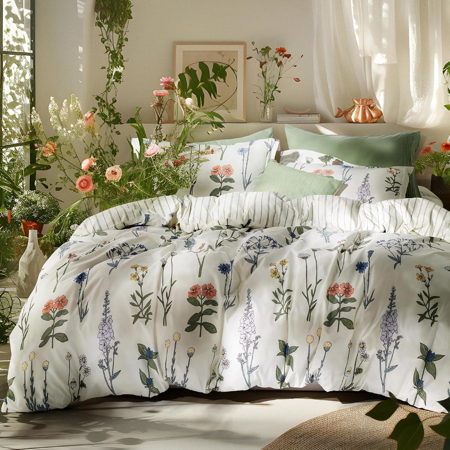 Bedsure Comforter Set Queen Size - Cute Floral Bedding Comforter Set, 3 Pieces, 1 Soft Reversible Coconut White Botanical Flowers Comforter and 2 Pillow Shams 01 - Coconut White Floral Queen - Image 2