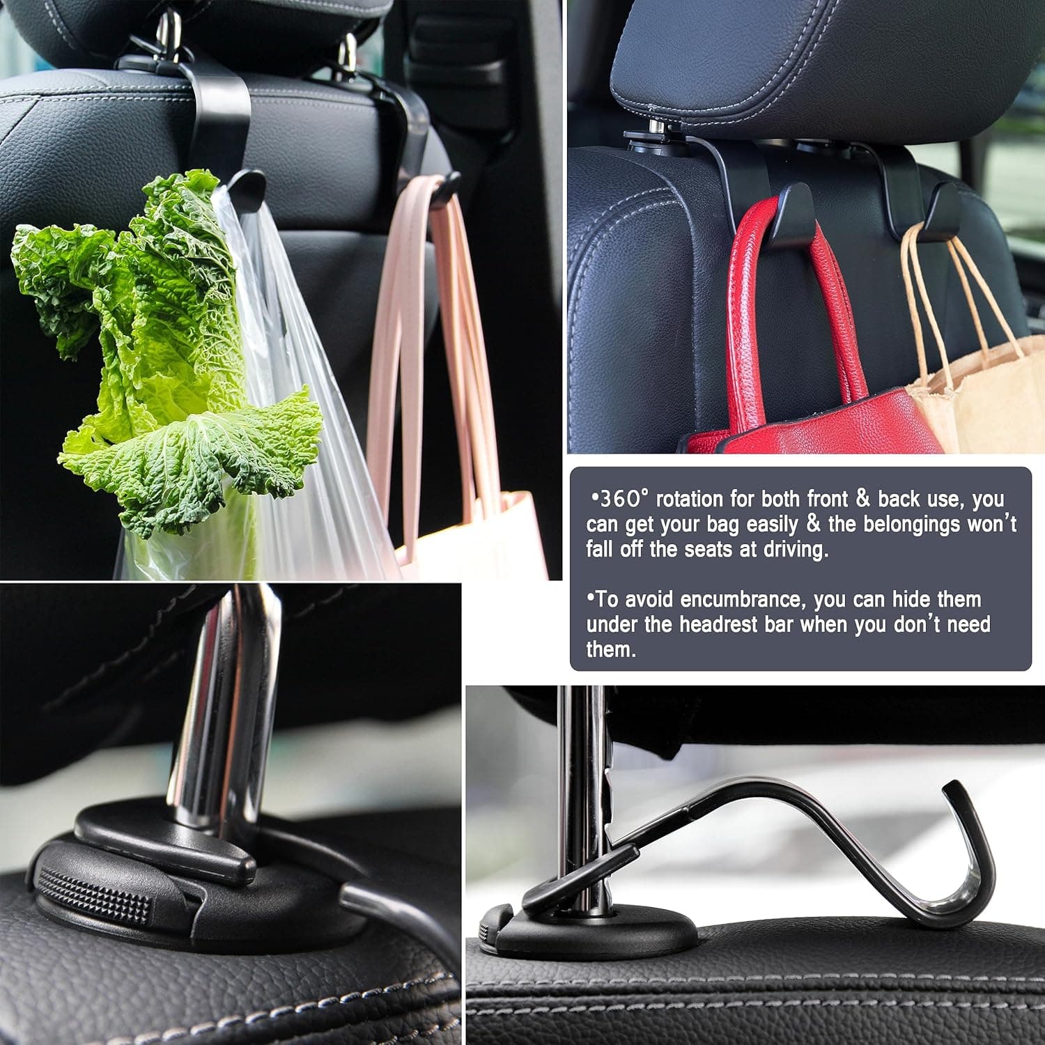 Amooca Car Seat Headrest Hook 4 Pack Hanger Storage Organizer Universal for Handbag Purse Coat fit Universal Vehicle Car Black S Type - Image 5